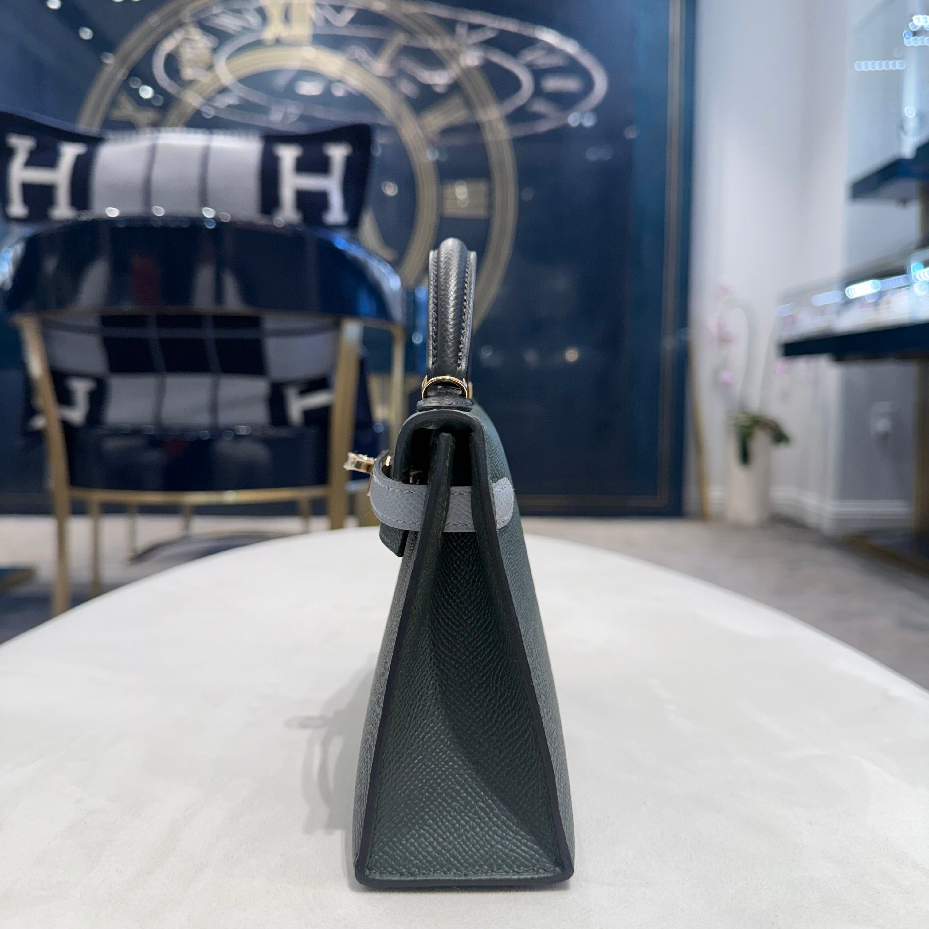 Hermès Vert Mangrove / Gris Pantin / Noir Mini Kelly Sellier 20 Epsom Permabrass Hardware