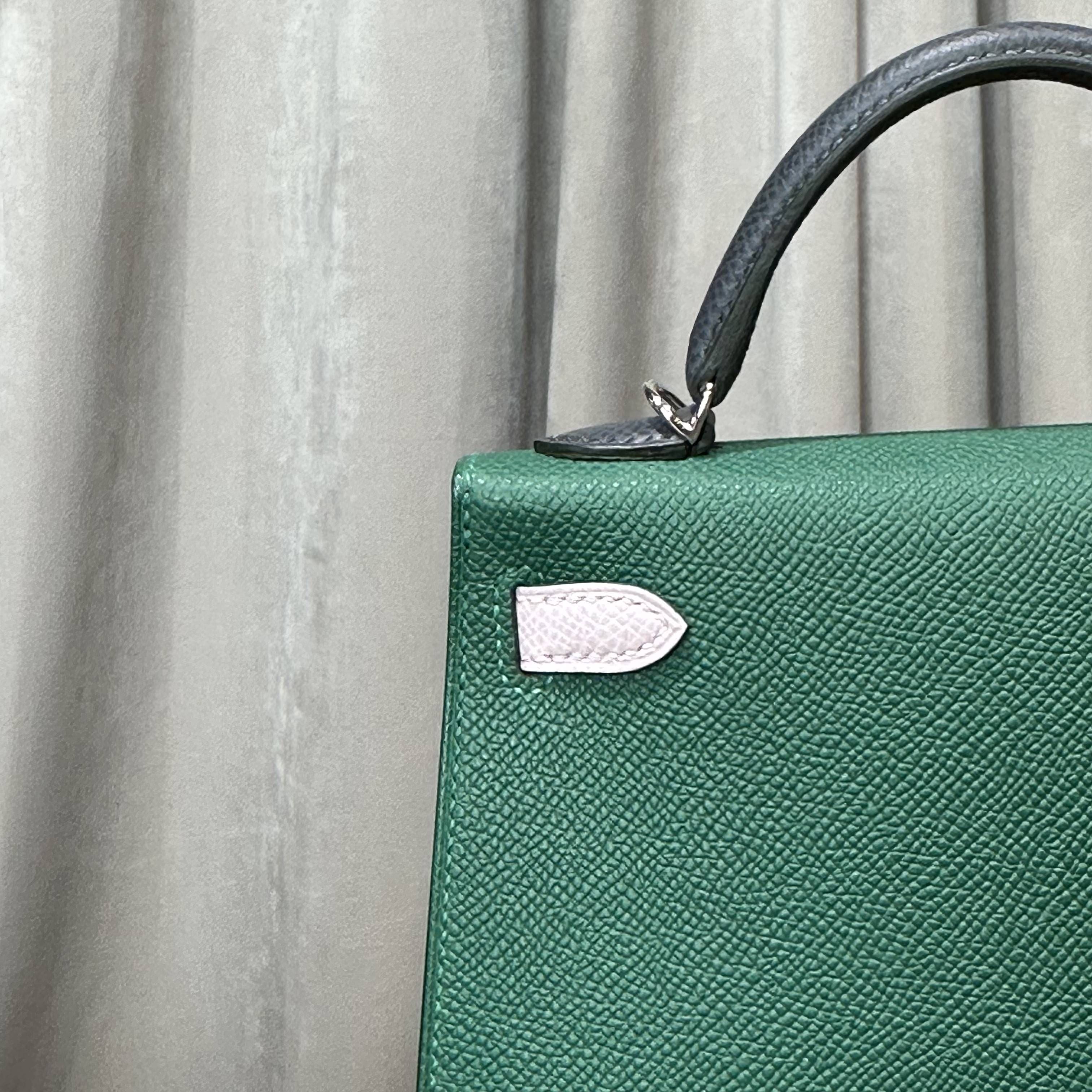 Hermès Vert Moyen/ Mauve Pale/Ardoise Kelly 20 Sellier Tricolore Epsom Palladium Hardware