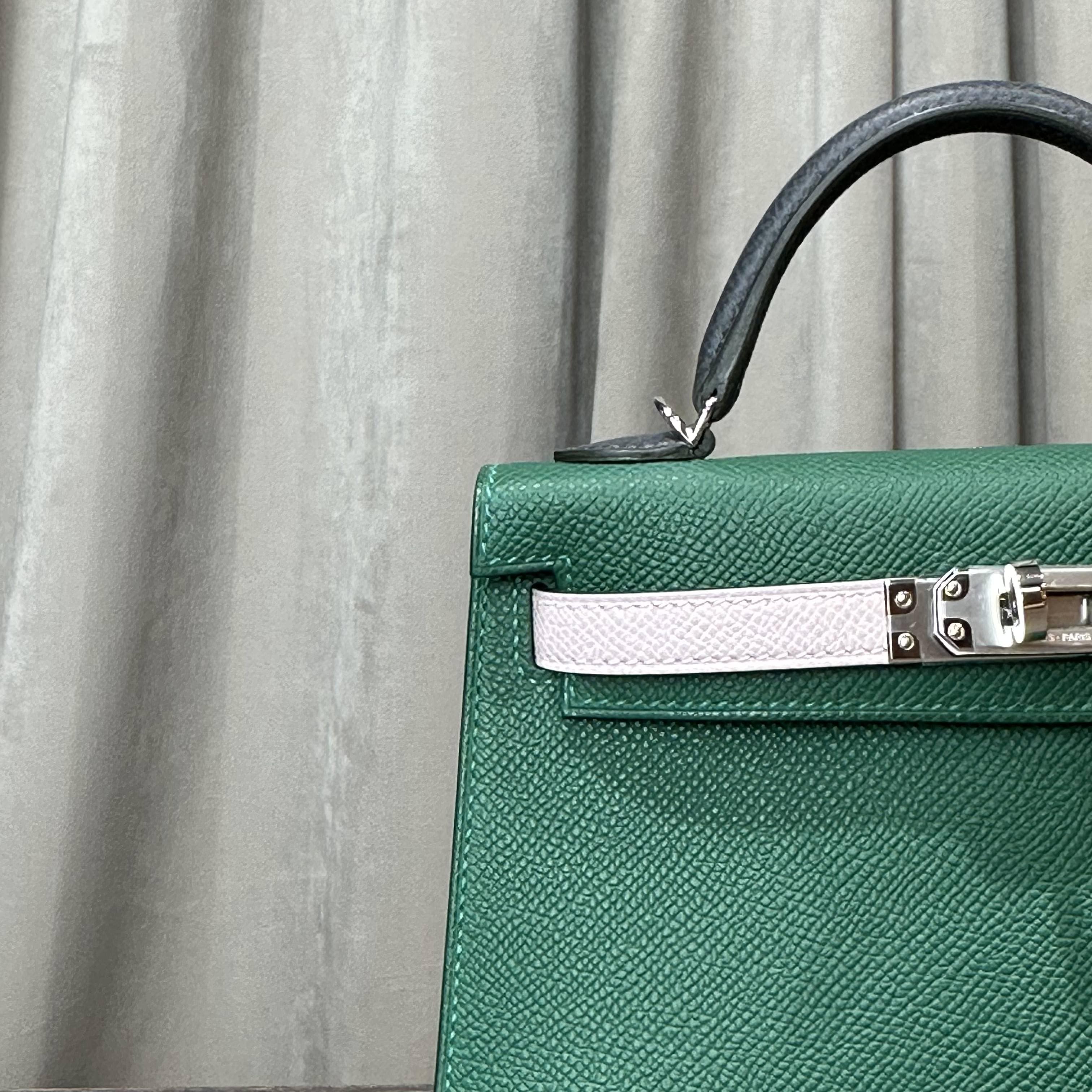 Hermès Vert Moyen/ Mauve Pale/Ardoise Kelly 20 Sellier Tricolore Epsom Palladium Hardware