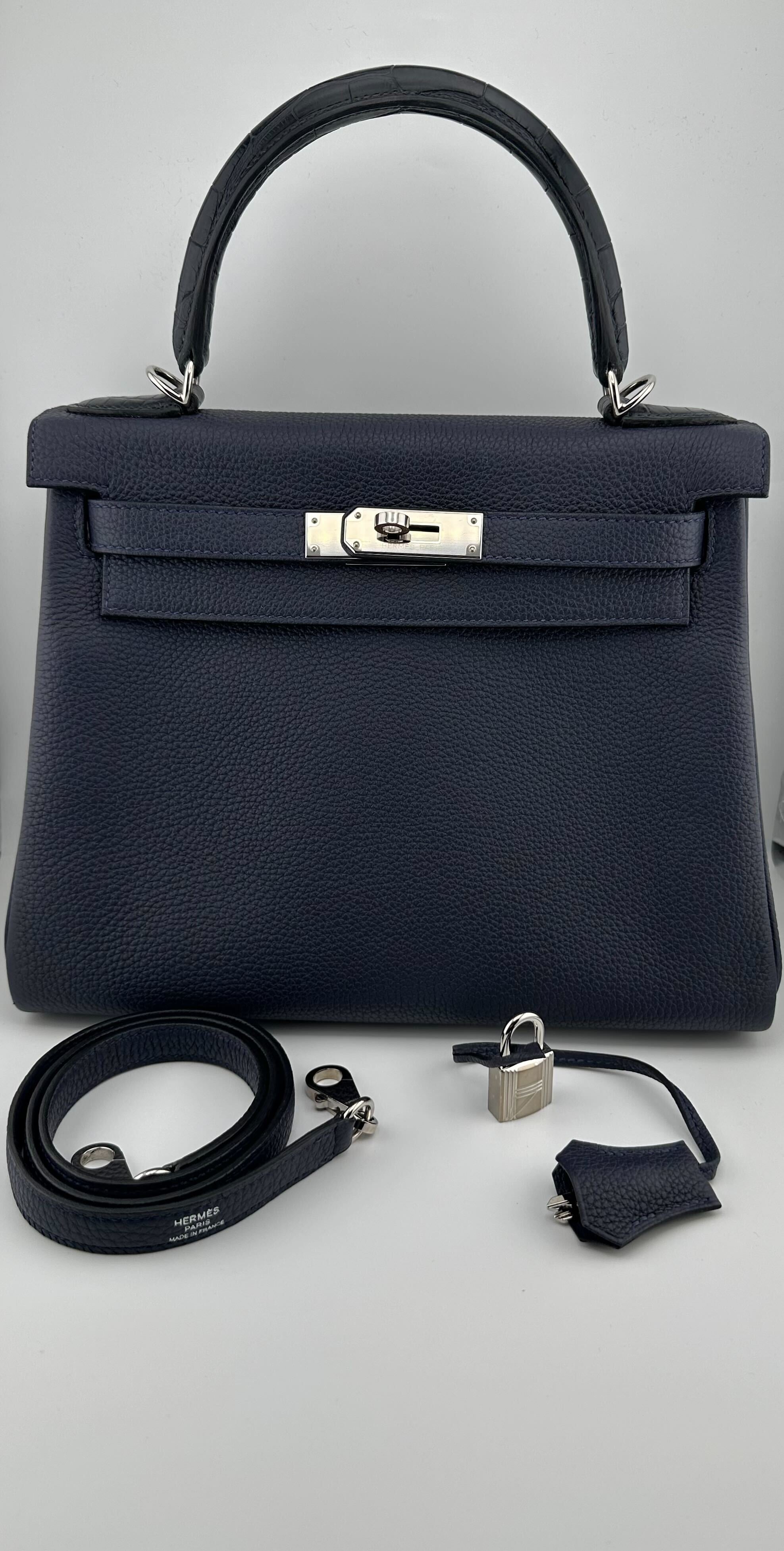 Hermès Kelly II Retourne 28 Touch Togo/ Alligator Missi Matt Bleu Nuit/ Bleu Marine Palladium Hardware