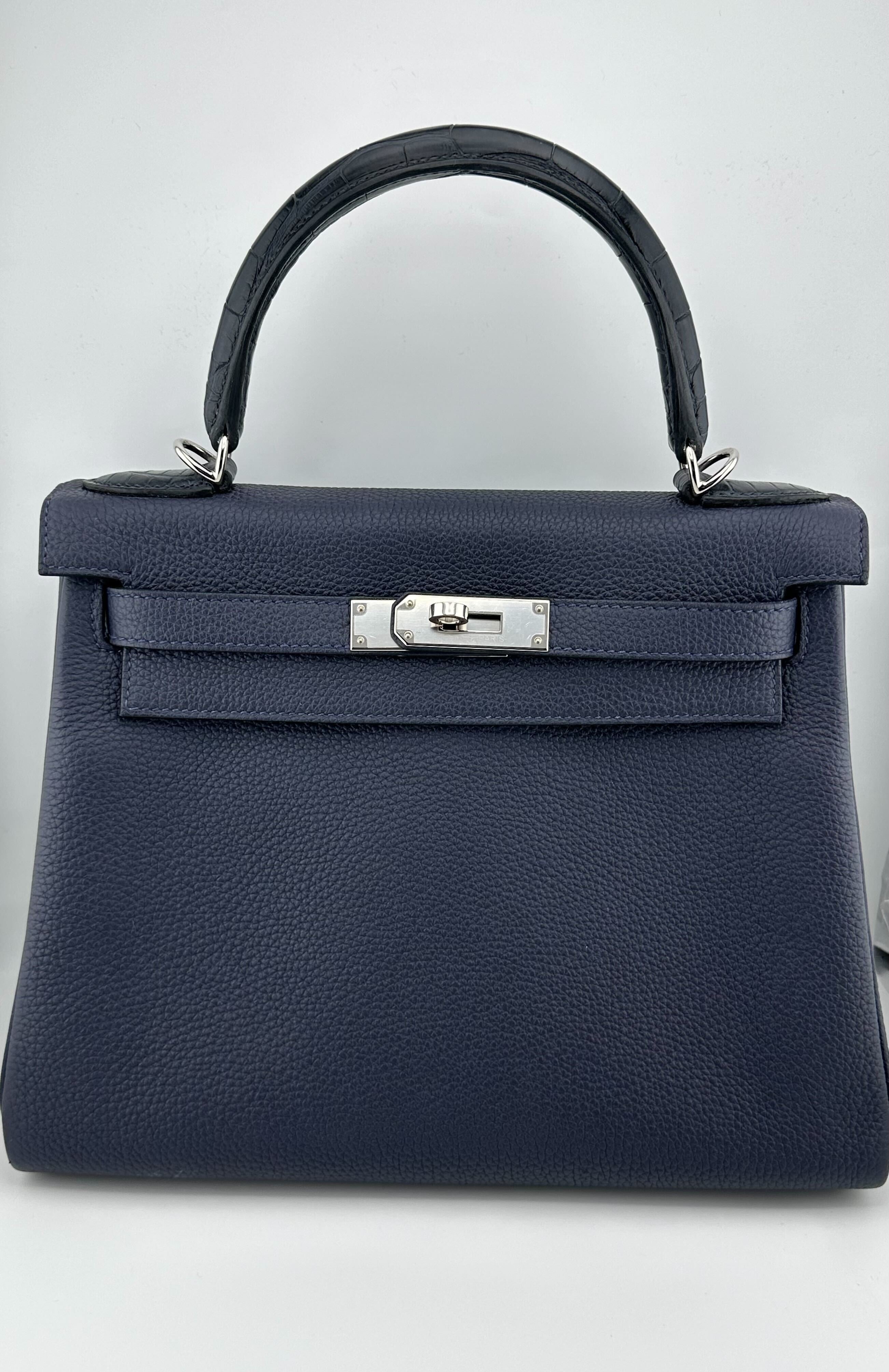 Hermès Kelly II Retourne 28 Touch Togo/ Alligator Missi Matt Bleu Nuit/ Bleu Marine Palladium Hardware