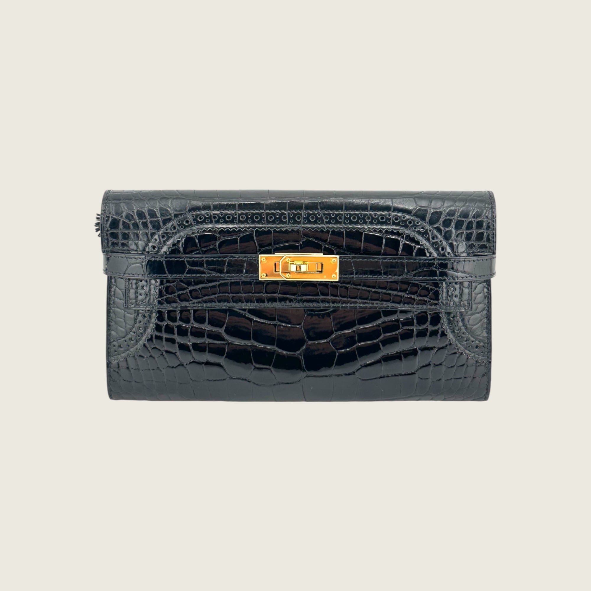 Hermès Portefeuille Kelly Wallet Ghillies Black Alligator Noir/Noir Bleu De Malte Gold Hardware