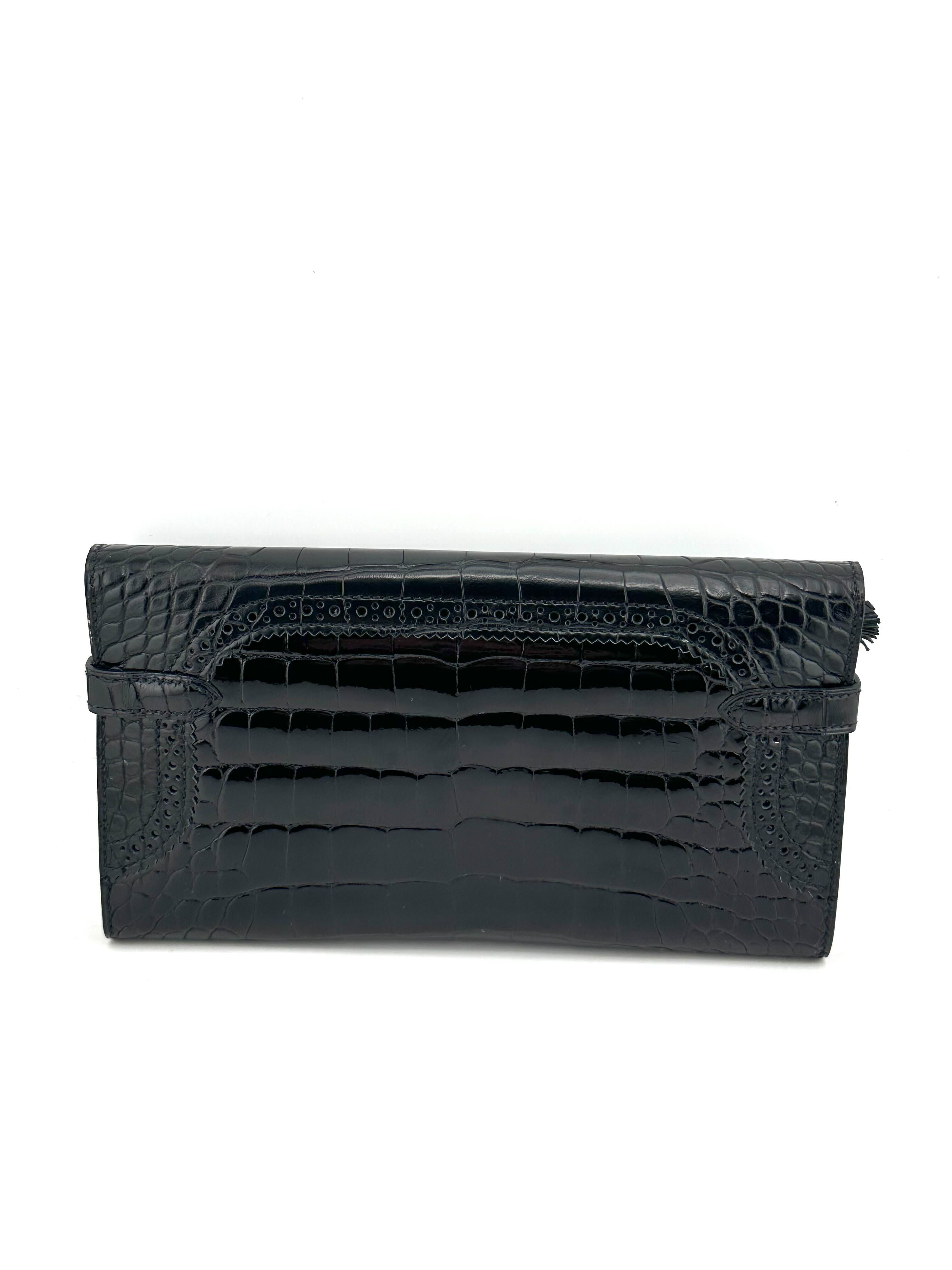 Hermès Portefeuille Kelly Wallet Ghillies Black Alligator Noir/Noir Bleu De Malte Gold Hardware