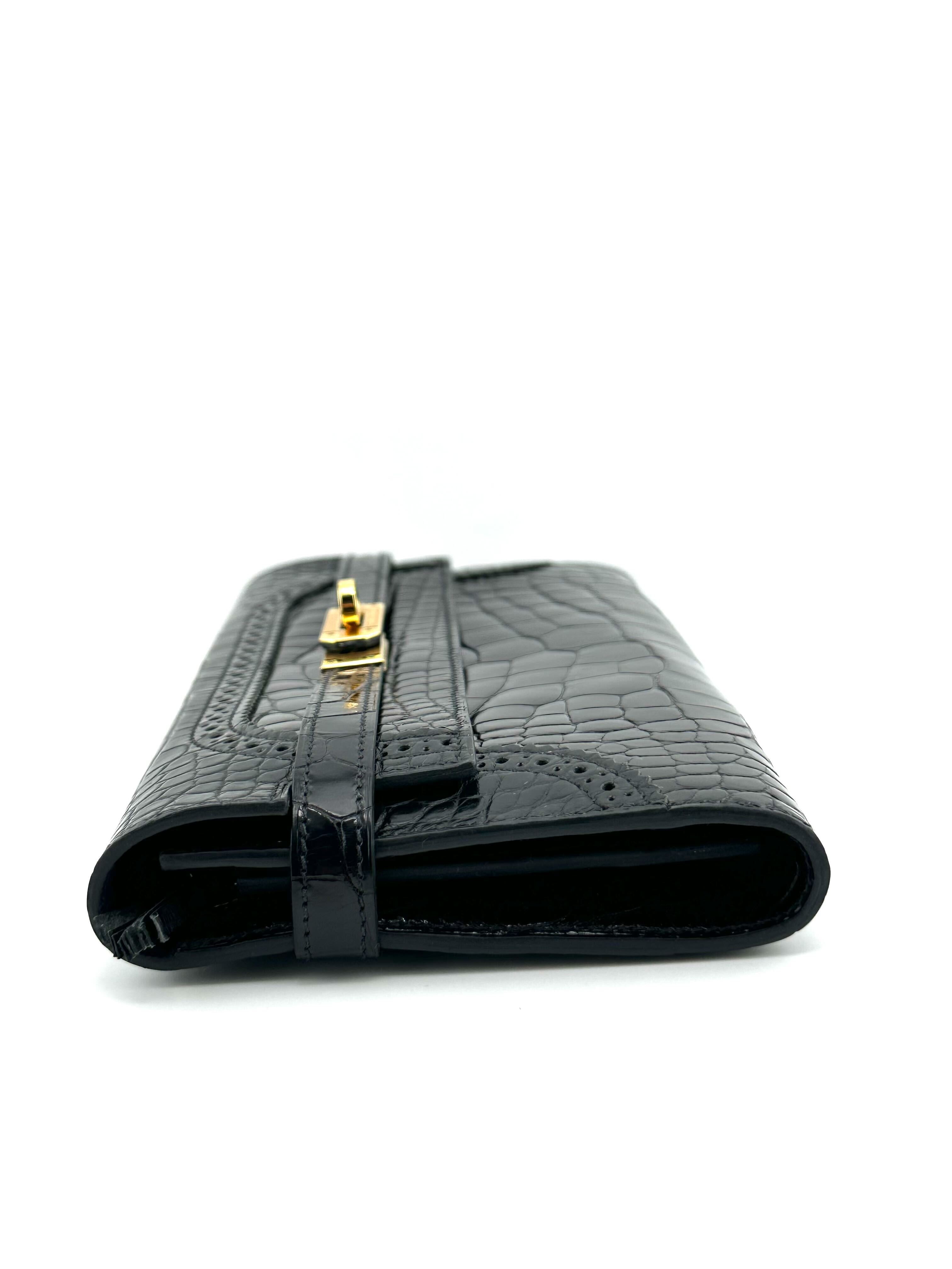 Hermès Portefeuille Kelly Wallet Ghillies Black Alligator Noir/Noir Bleu De Malte Gold Hardware