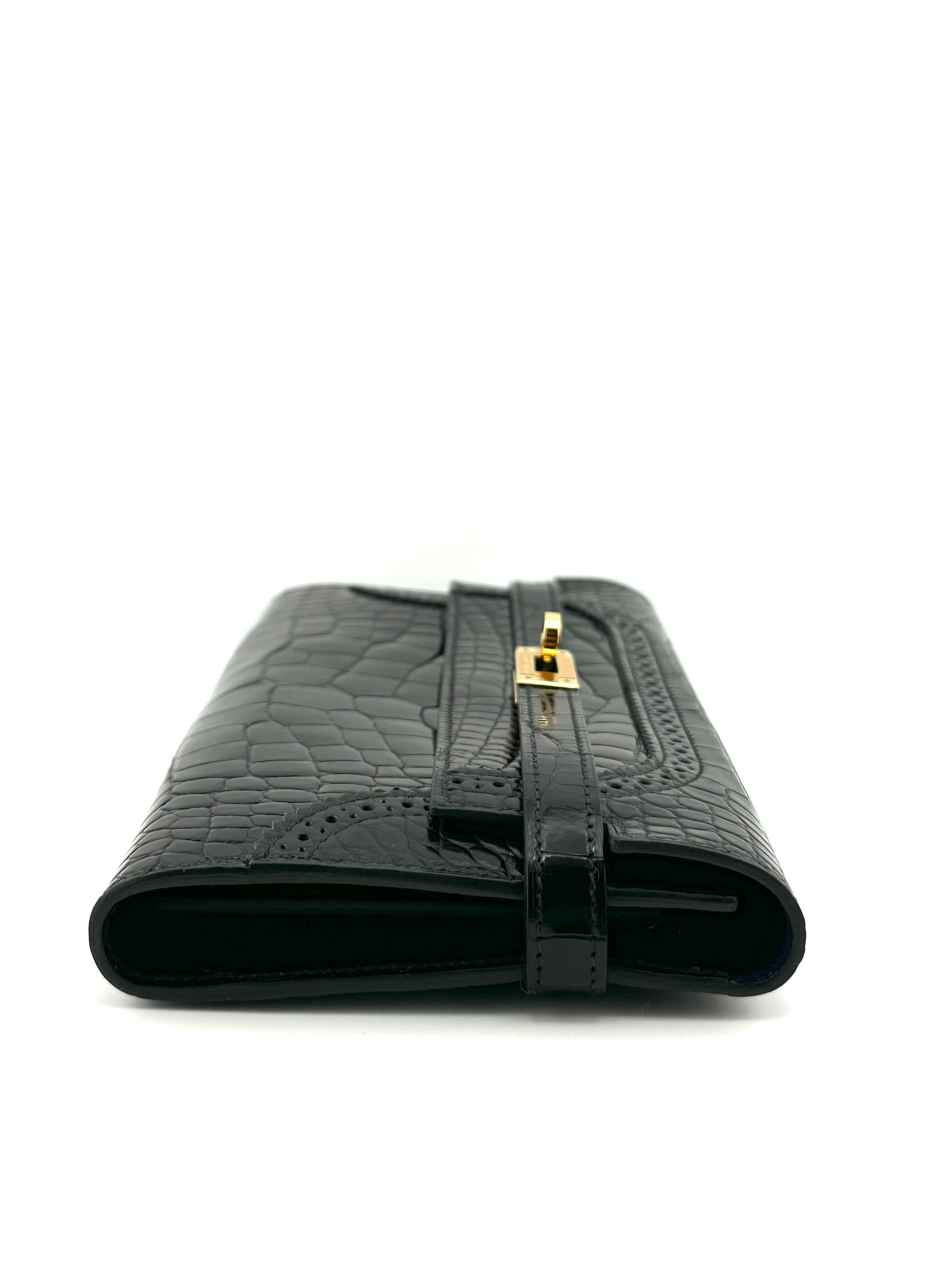 Hermès Portefeuille Kelly Wallet Ghillies Black Alligator Noir/Noir Bleu De Malte Gold Hardware