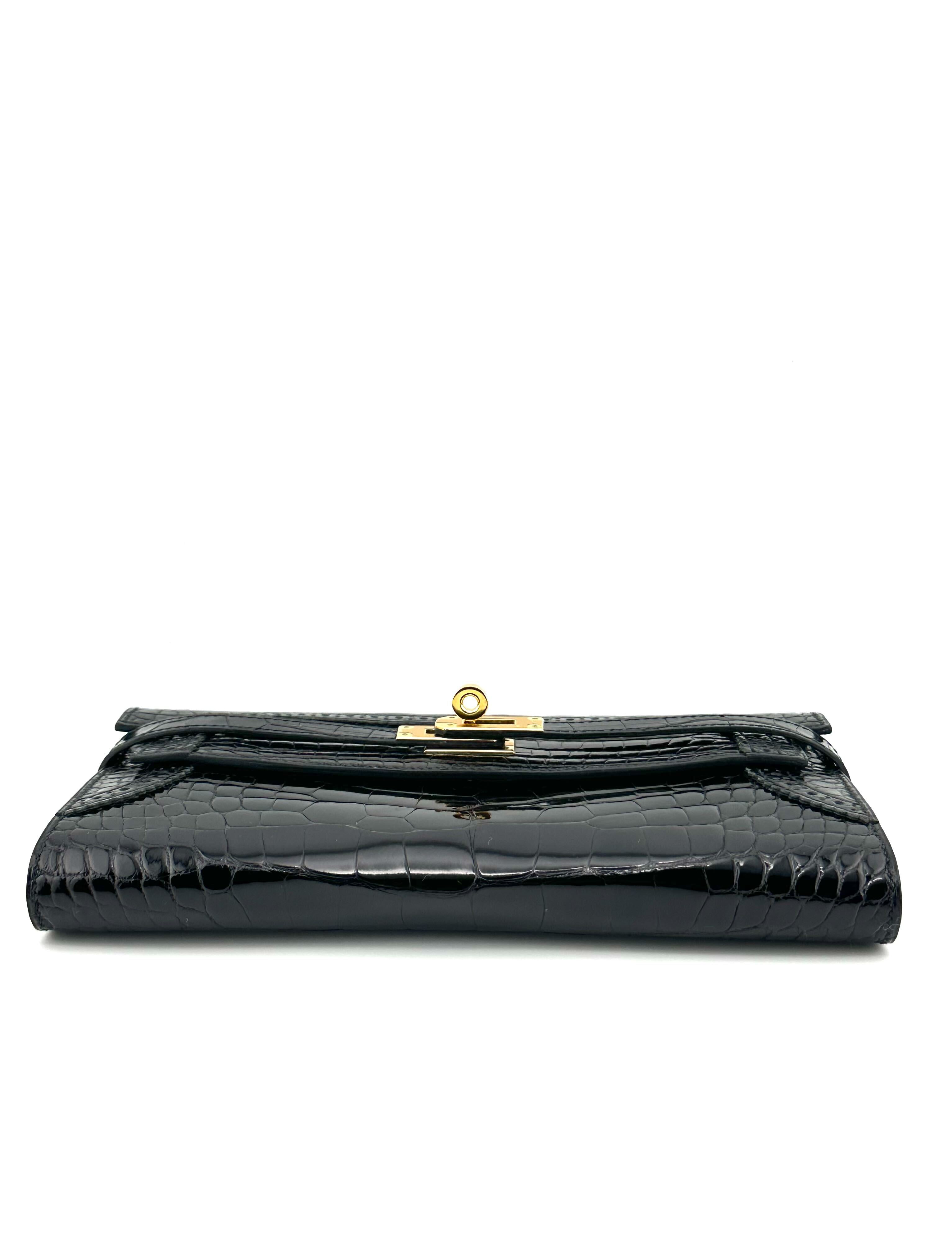 Hermès Portefeuille Kelly Wallet Ghillies Black Alligator Noir/Noir Bleu De Malte Gold Hardware