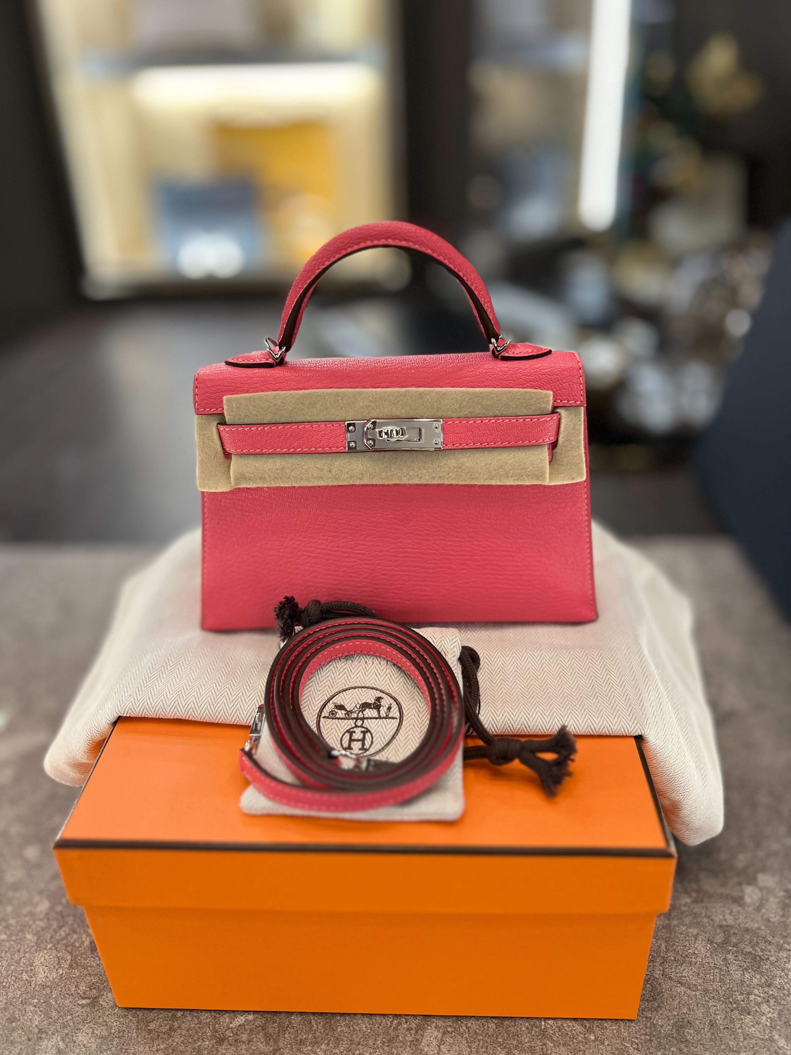 Hermès Kelly 20 Rose Pop Chèvre Mysore Palladium Hardware