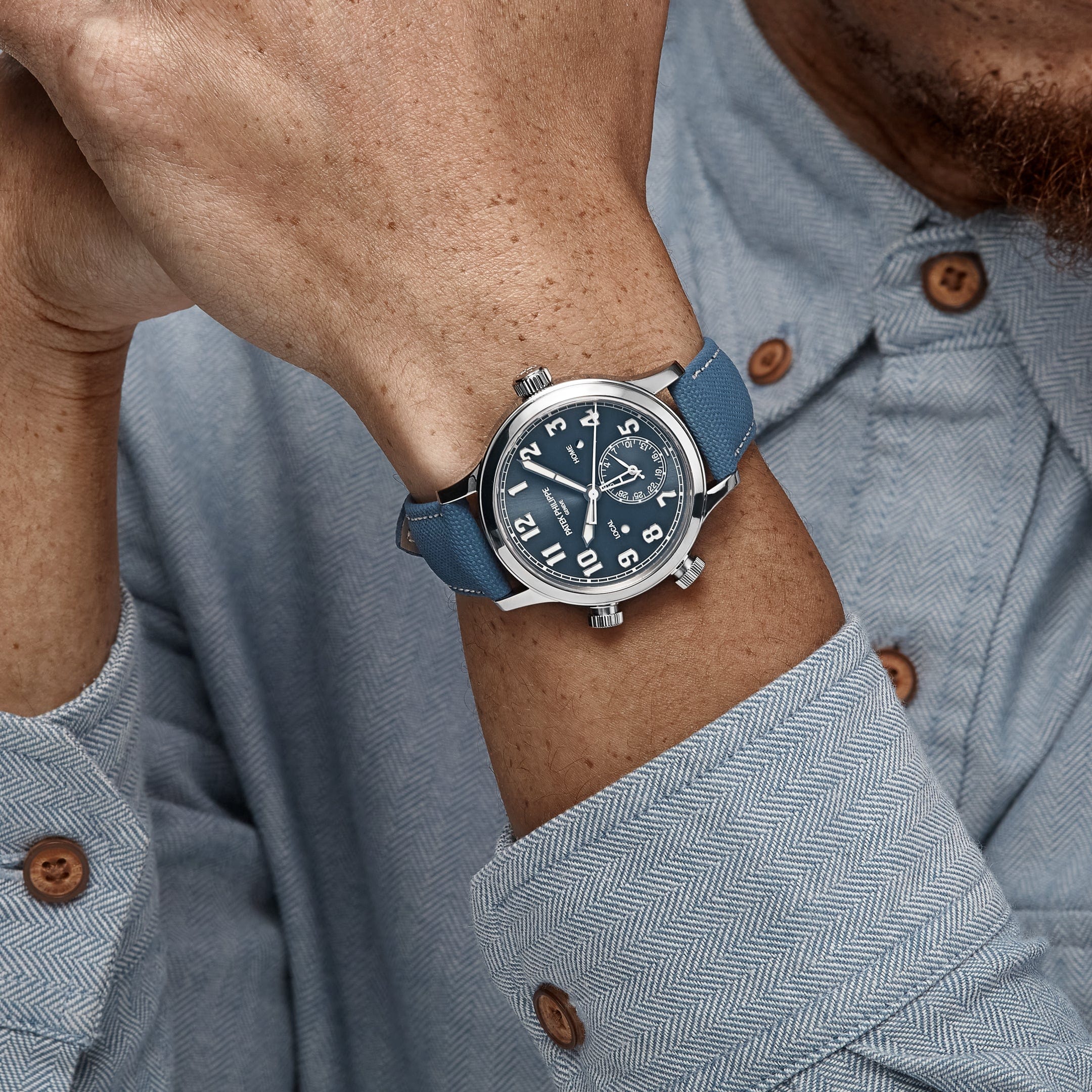 Patek Philippe Calatrava 7234A 'Pilot' Travel Time 'Ladies' Stainless Steel Blue-Grey Dial Singapore Edition