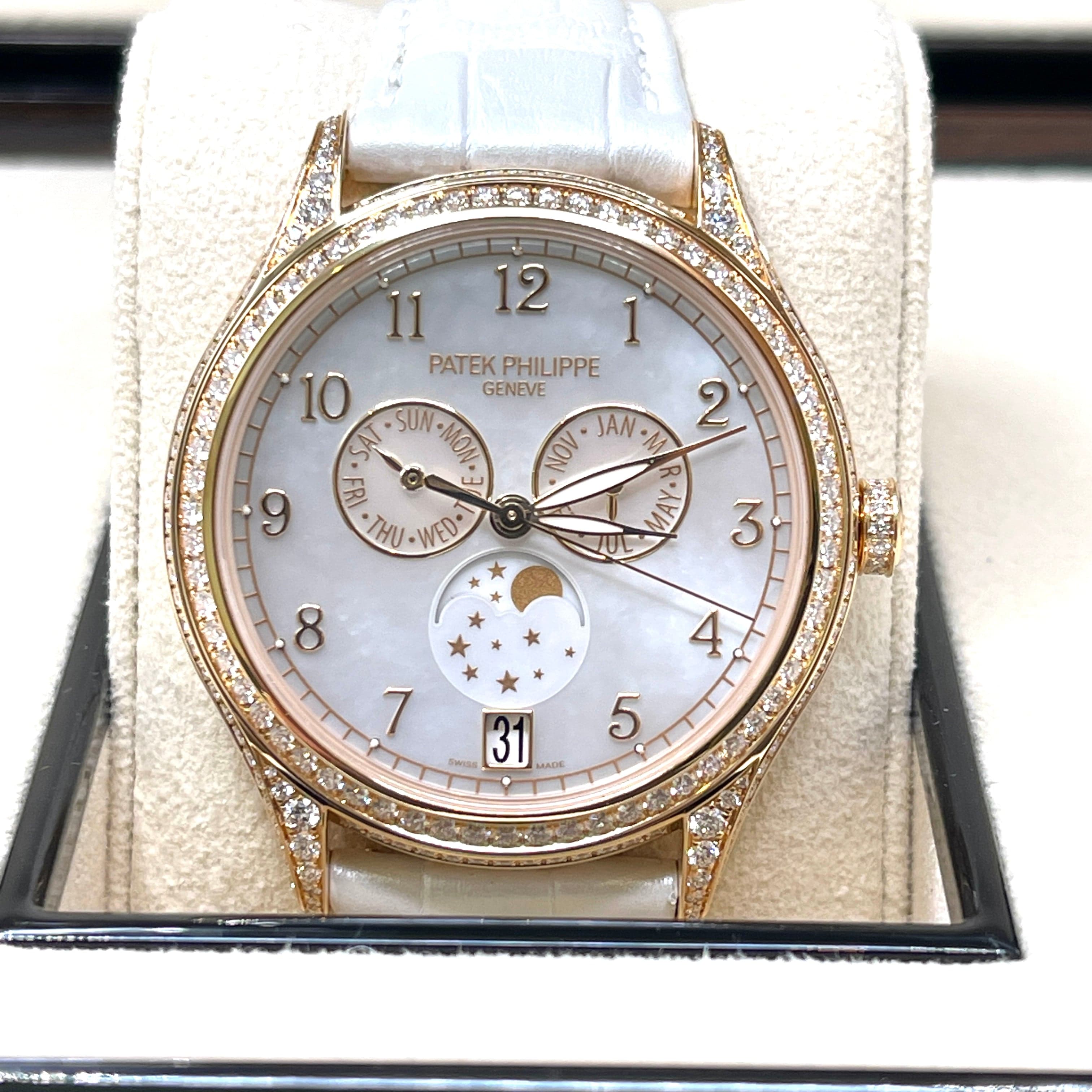 Luxury Watch Patek Philippe Complications Annual Calendar Moon Phases Mother Of Pearl & Diamonds 4948R-001 Wrist Aficionado