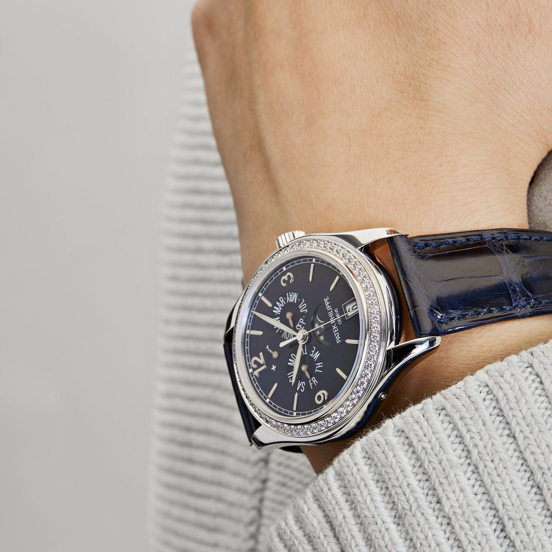 Patek Philippe Complications Diamond Moon Phase White Gold Blue Dial 5147G-001 Wrist Aficionado