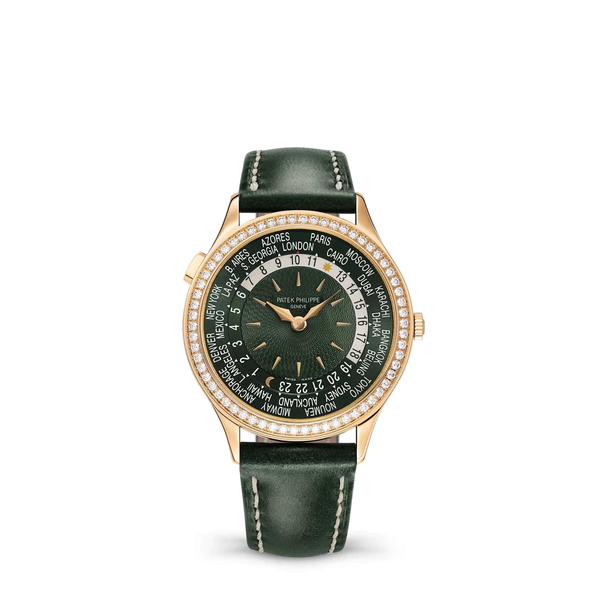 Patek Philippe Complications 7130R-014 World Time Rose Gold Green Dial Diamond Bezel