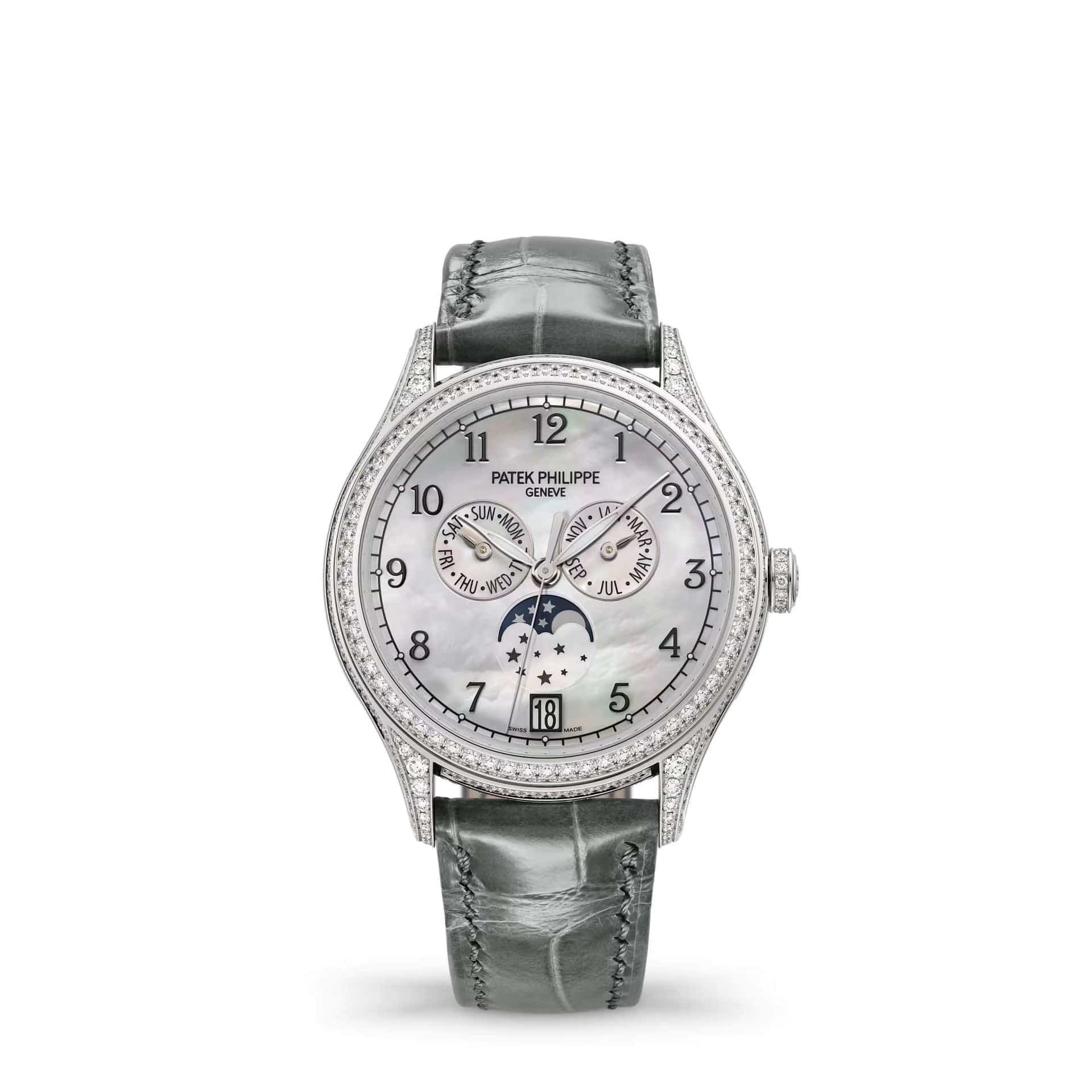 Patek Philippe Complications Joaillerie 4948G-010 Annual Calendar Moon Phase White Gold White MOP Dial Diamond Bezel