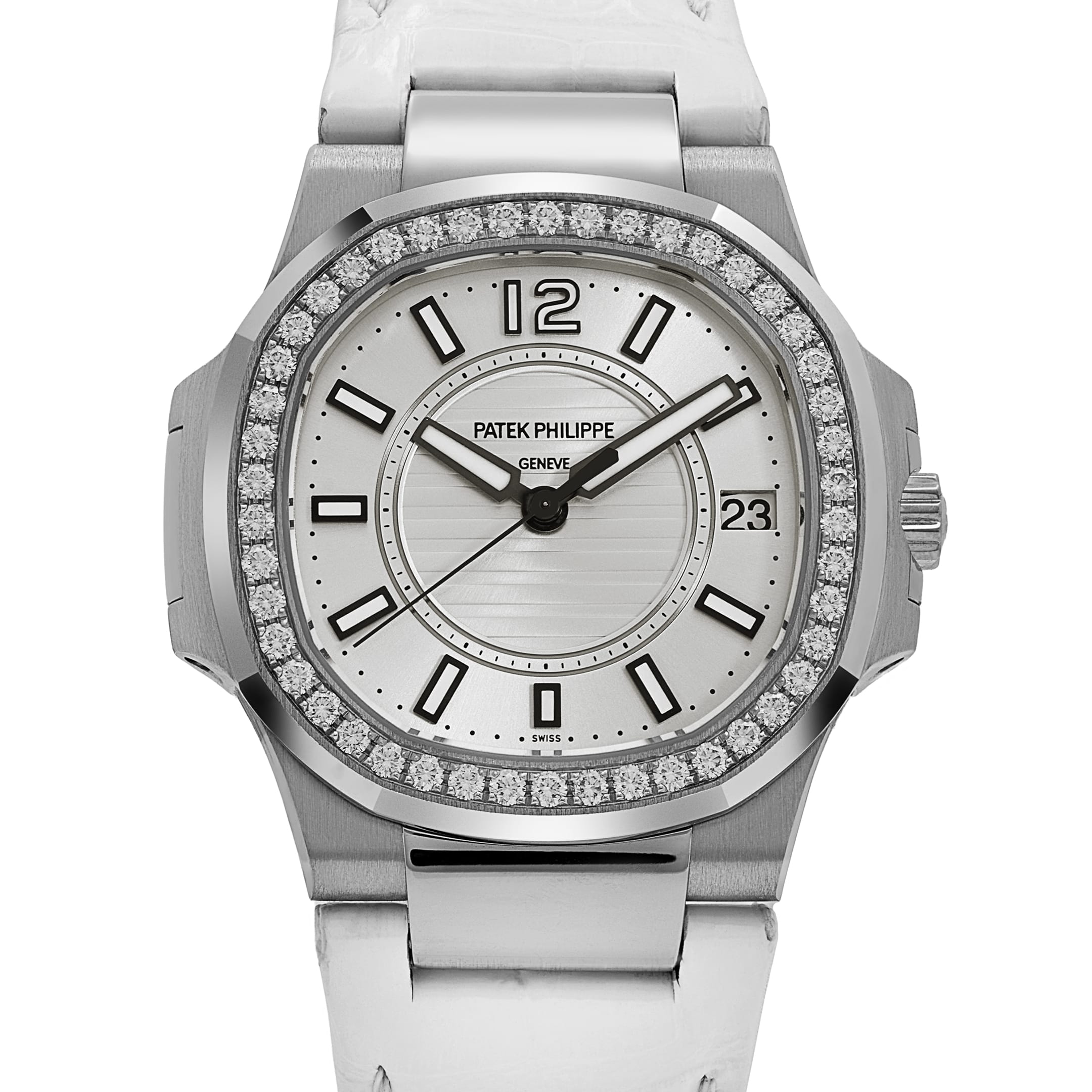 Patek Philippe Nautilus 7010G 'Ladies' White Gold Silver Dial Diamond Bezel Quartz