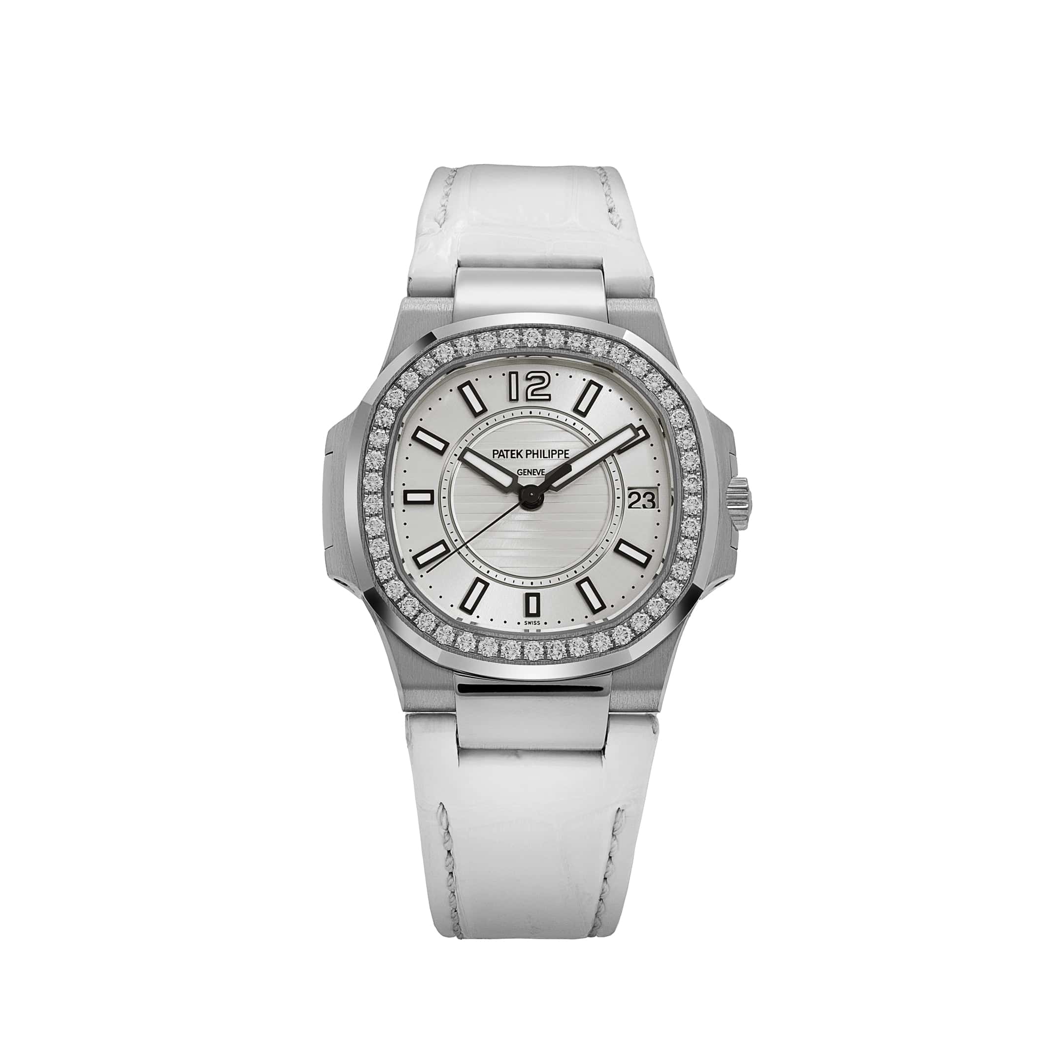 Patek Philippe Nautilus 7010G 'Ladies' White Gold Silver Dial Diamond Bezel Quartz