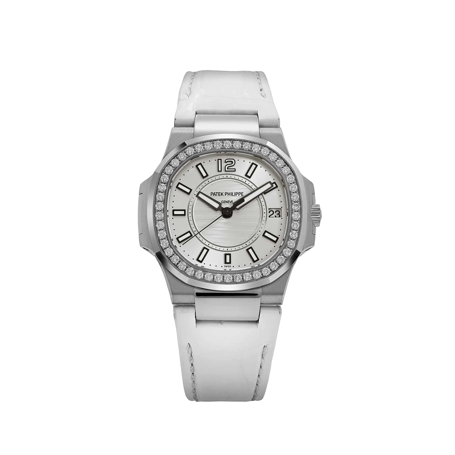 Patek Philippe Nautilus 7010G 'Ladies' White Gold Silver Dial Diamond Bezel Quartz