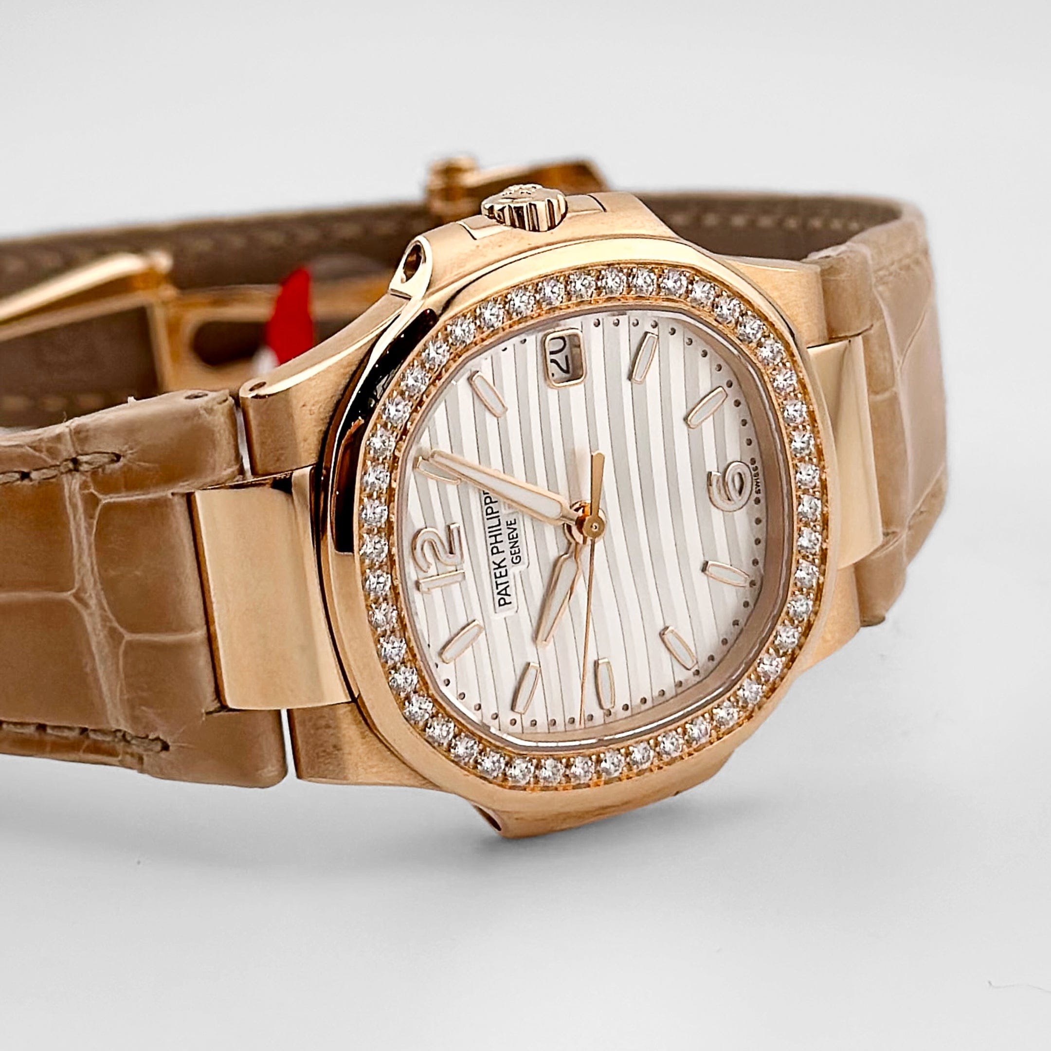 Patek Philippe Nautilus 7010R-011 'Ladies' Rose Gold Silvery Opaline Dial Diamond Bezel