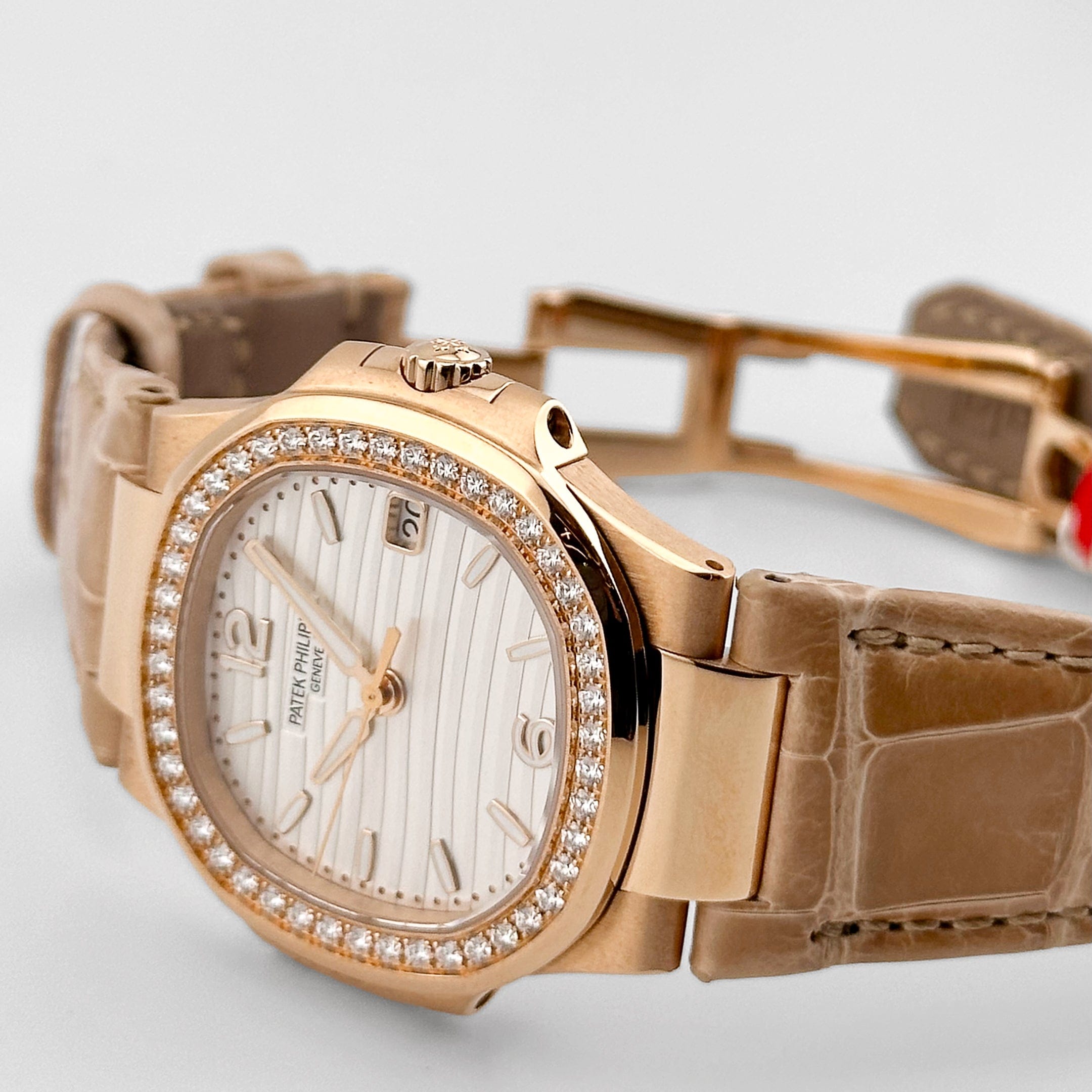 Patek Philippe Nautilus 7010R-011 'Ladies' Rose Gold Silvery Opaline Dial Diamond Bezel