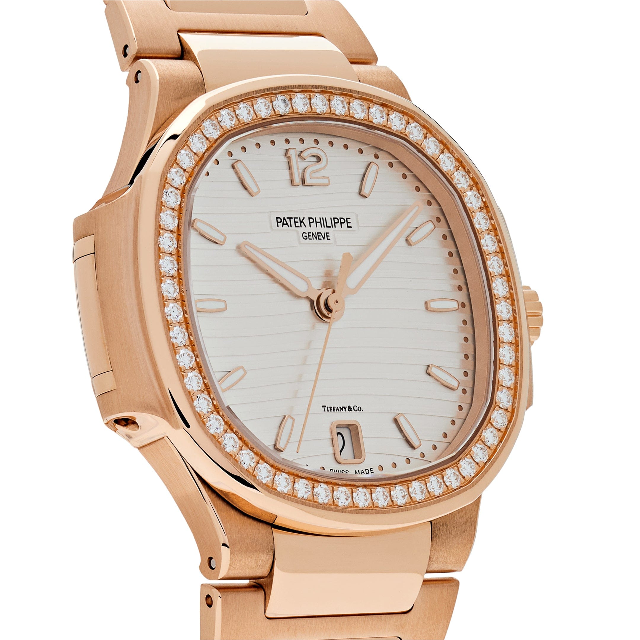 Luxury Watch Patek Philippe Nautilus Rose Gold Diamond Bezel White Tiffany & Co. Dial 7118/1200R-001 Wrist Aficionado