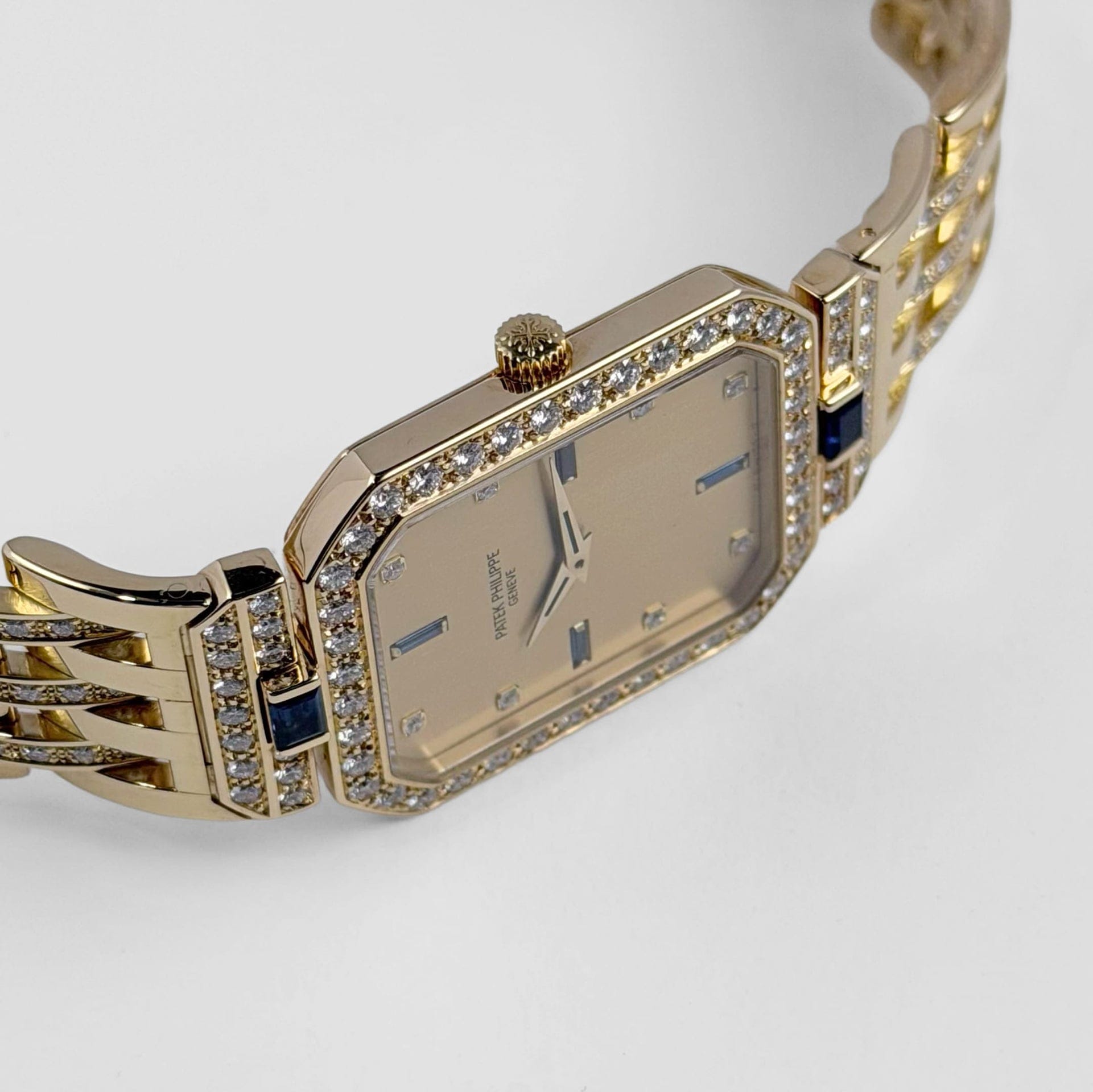 Patek Philippe Octagonal Watch 3847/001 Vintage 'Ladies' Yellow Gold Champagne Dial Blue Sapphire and Diamond-Set