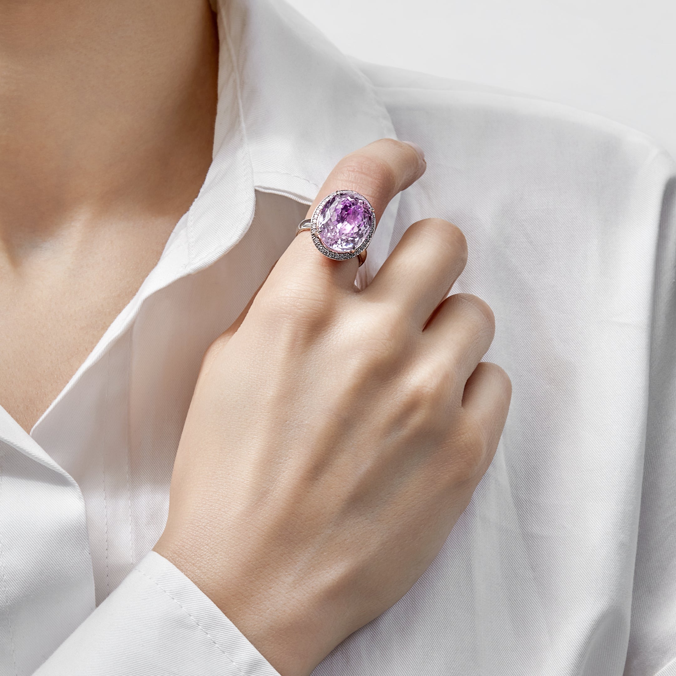 Solitaire Kunzite Diamond Halo Ring