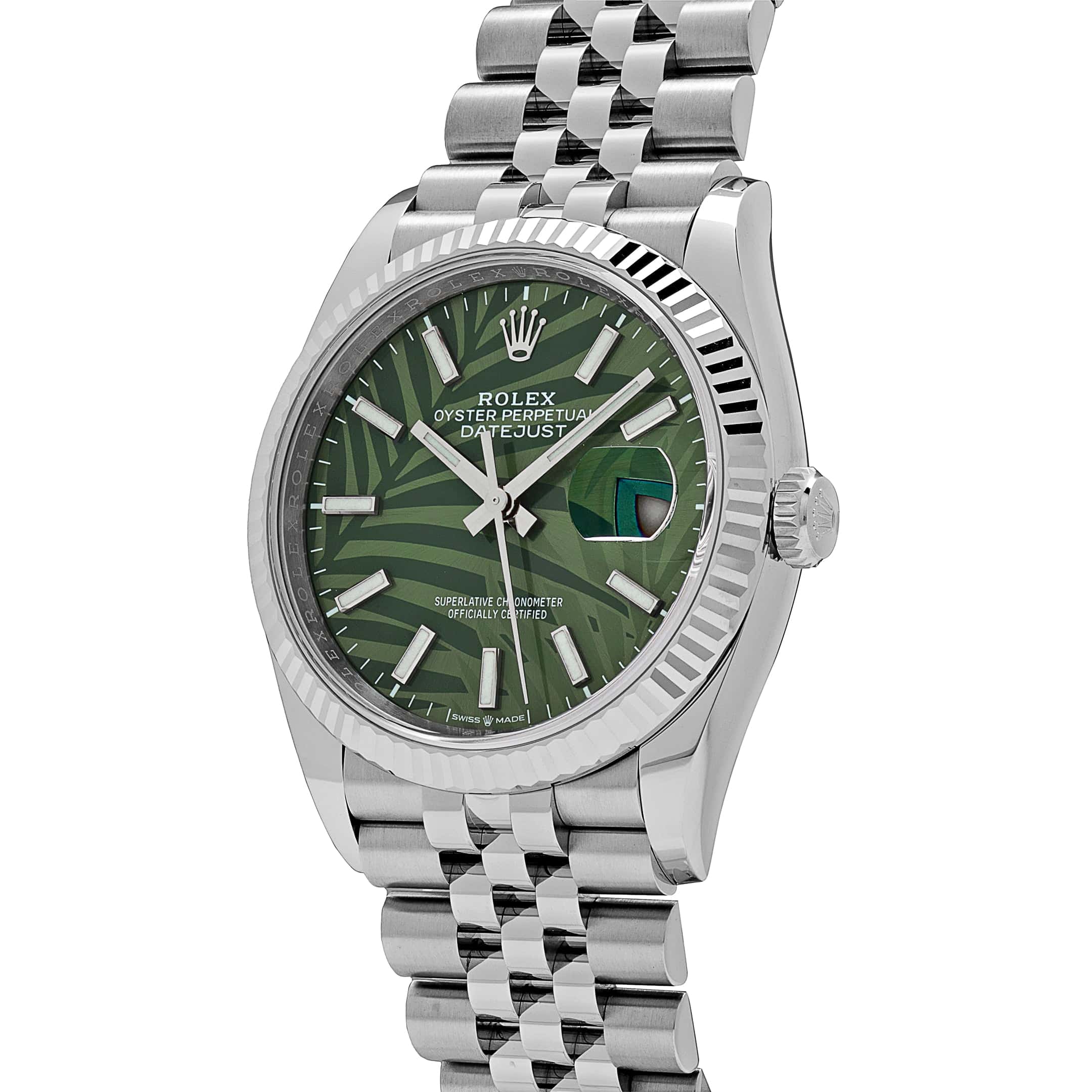 Rolex Datejust 126234 White Gold Stainless Steel Olive Green Palm Motif Dial