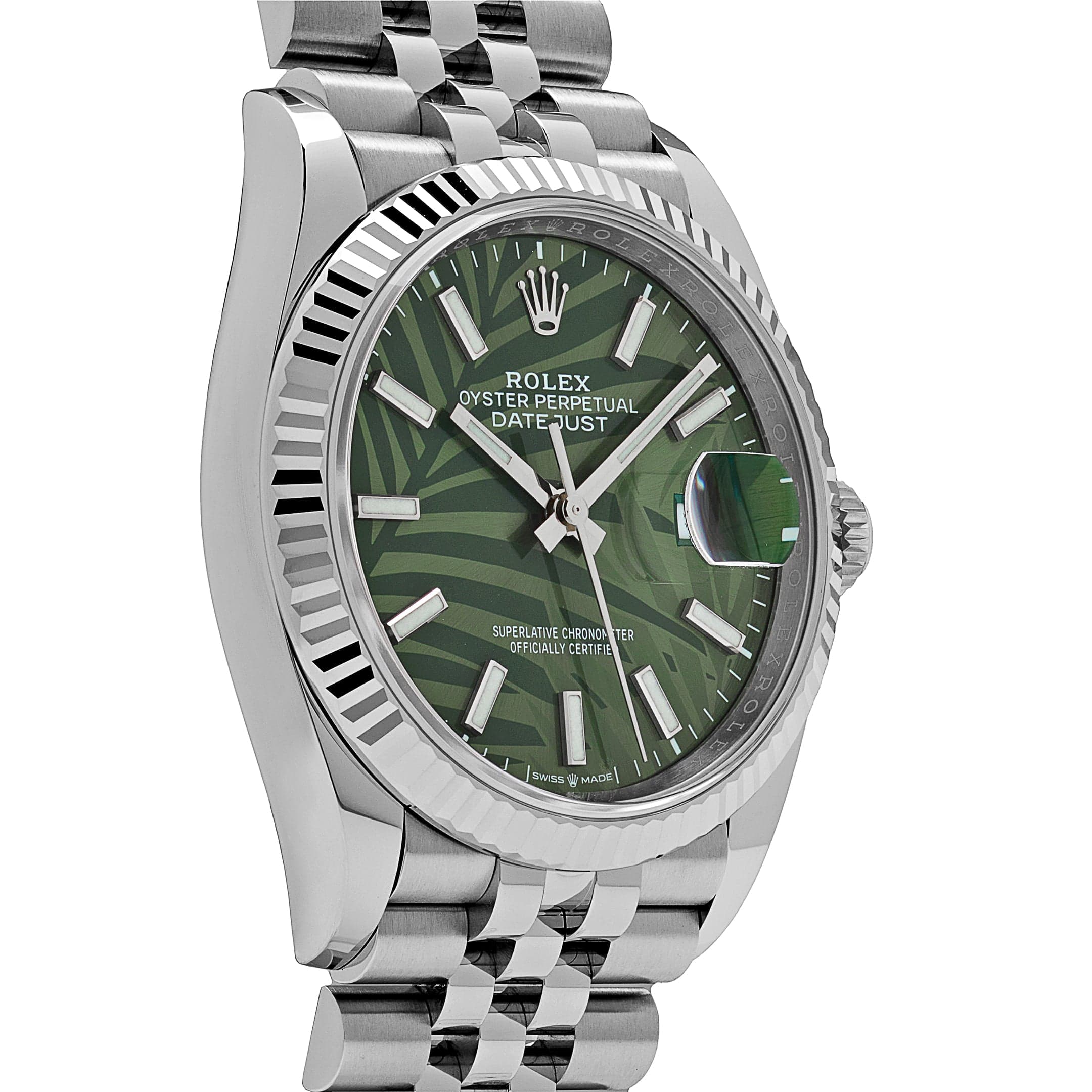 Rolex Datejust 126234 White Gold Stainless Steel Olive Green Palm Motif Dial