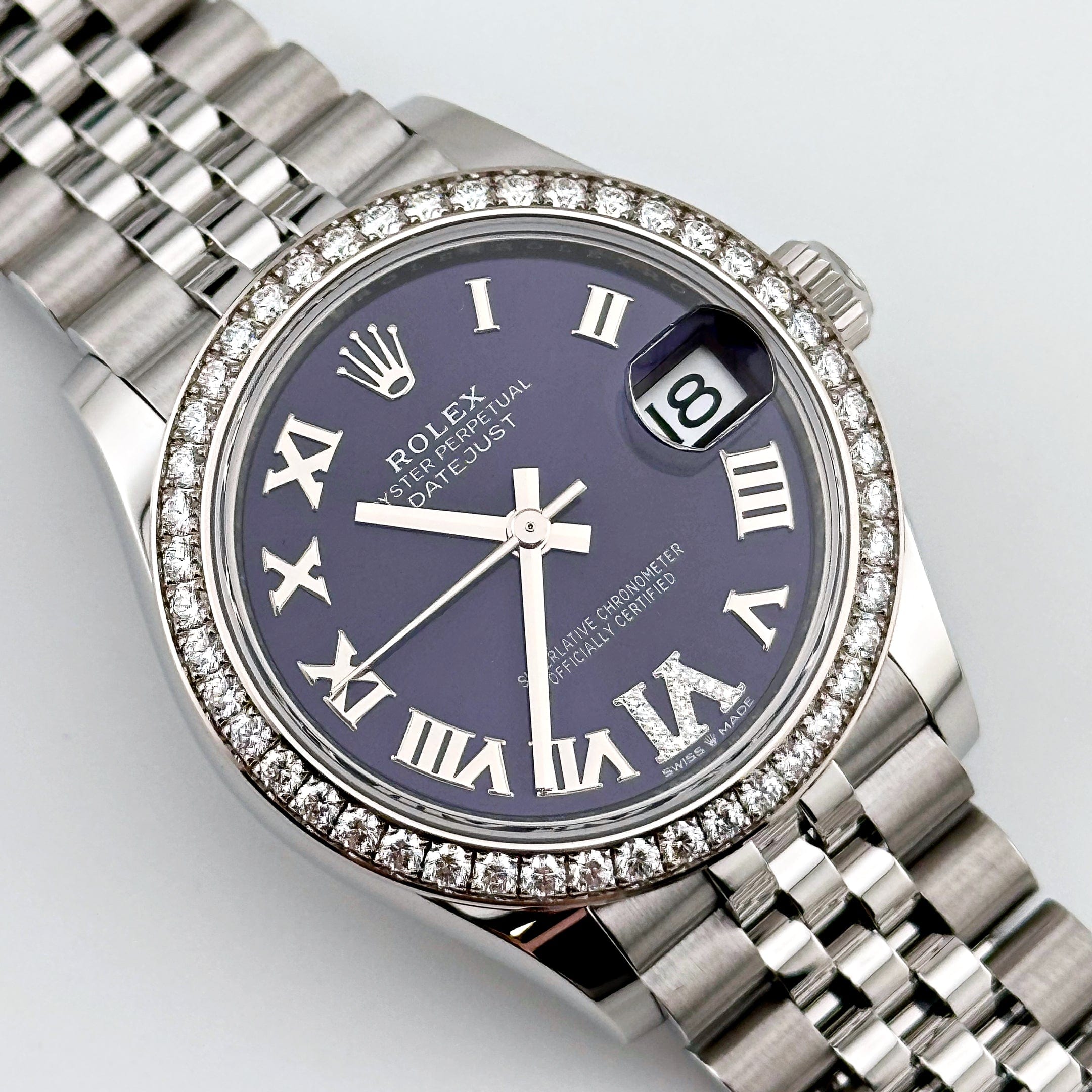 Rolex Datejust 278384RBR Stainless Steel Diamond Bezel Violet Roman Dial Jubilee