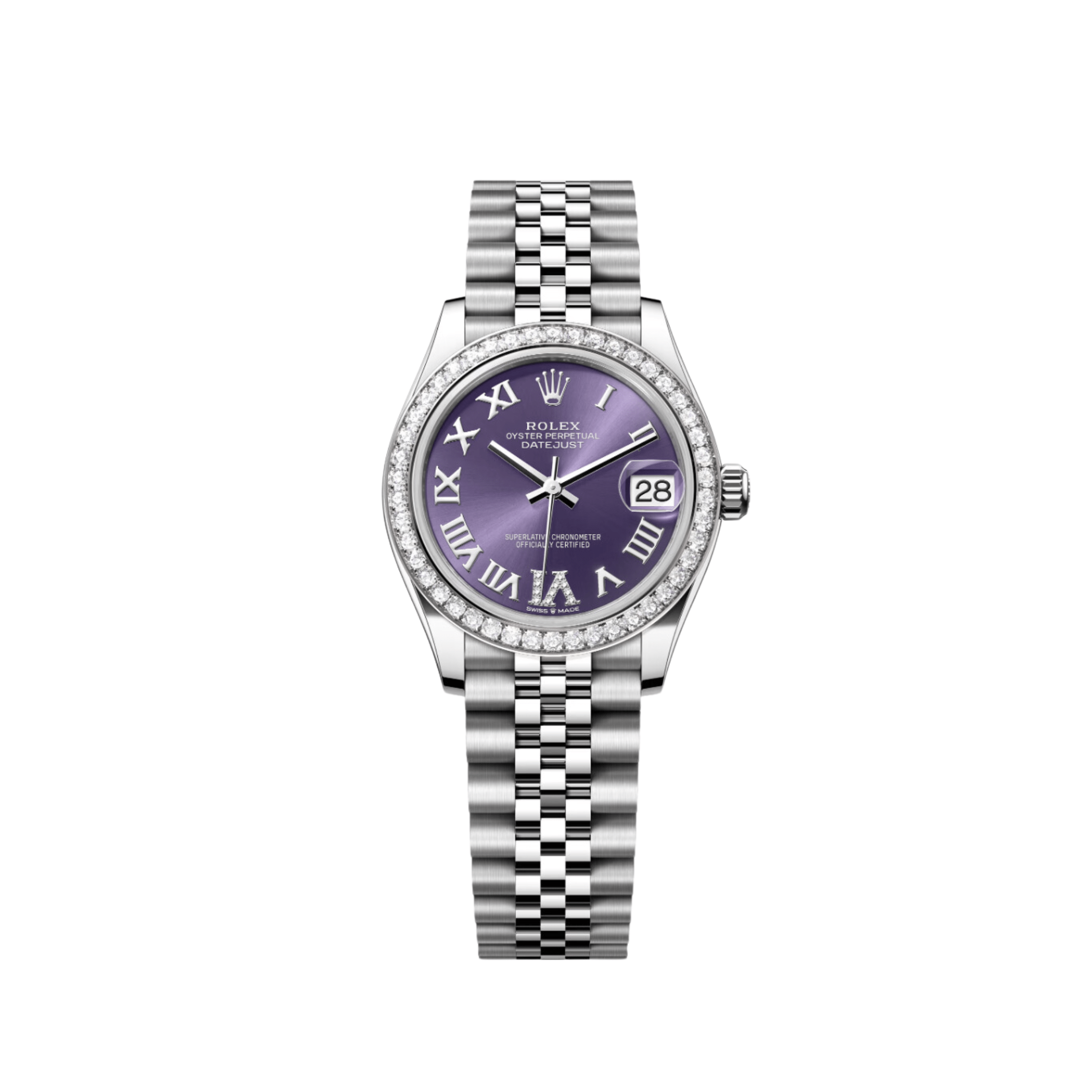 Rolex Datejust 278384RBR Stainless Steel Diamond Bezel Violet Roman Dial Jubilee