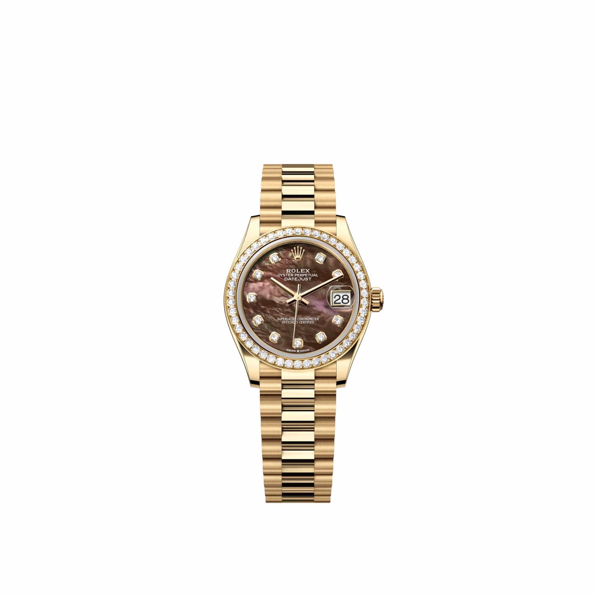 Rolex Datejust 31 278288RBR Yellow Gold Black Mother of Pearl Diamond Dial President Diamond Bezel (2026)