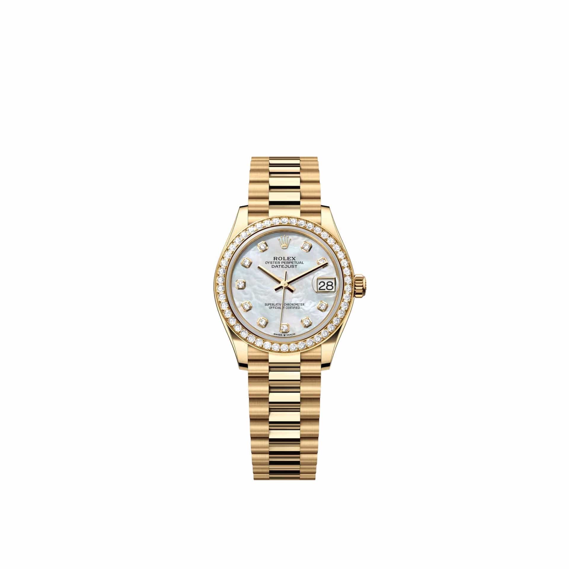 Rolex Datejust 31 278288RBR Yellow Gold White Mother of Pearl Diamond Dial President Diamond Bezel (2026)