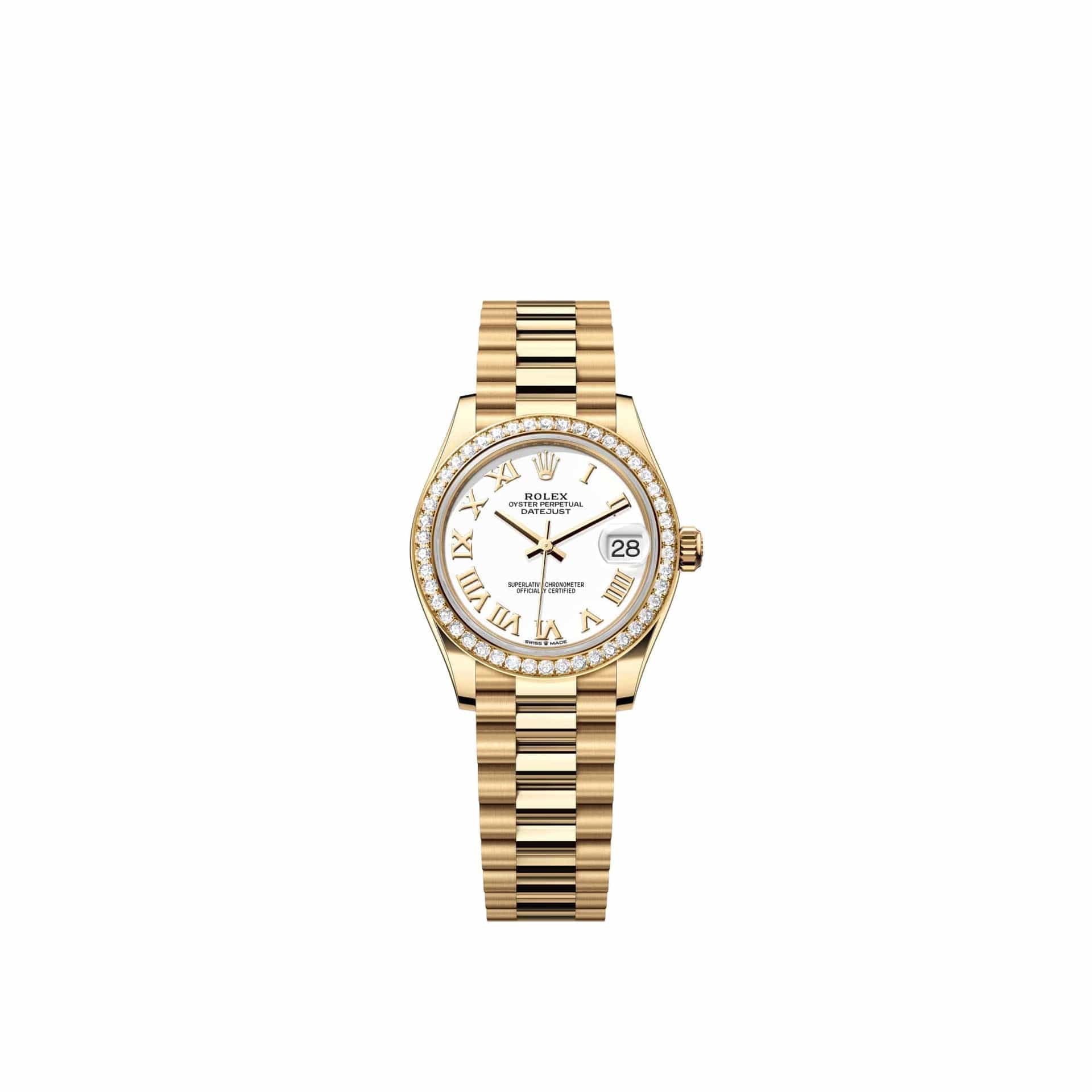 Rolex Datejust 31 278288RBR Yellow Gold White Roman Dial President Diamond Bezel (2026)