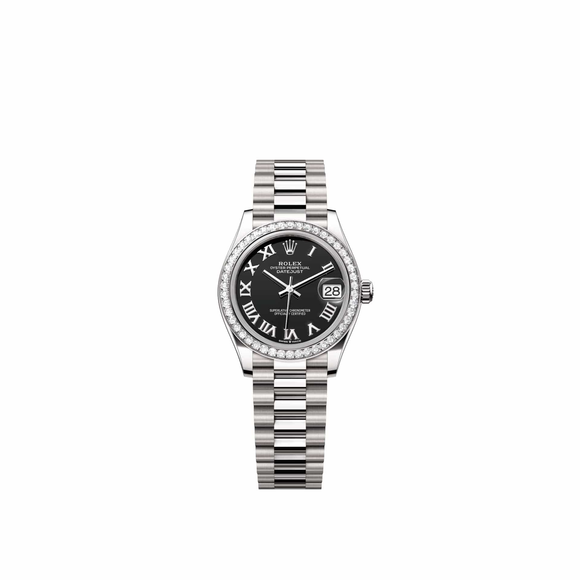 Rolex Datejust 31 278289RBR White Gold Black Roman Dial President Diamond Bezel (2026)