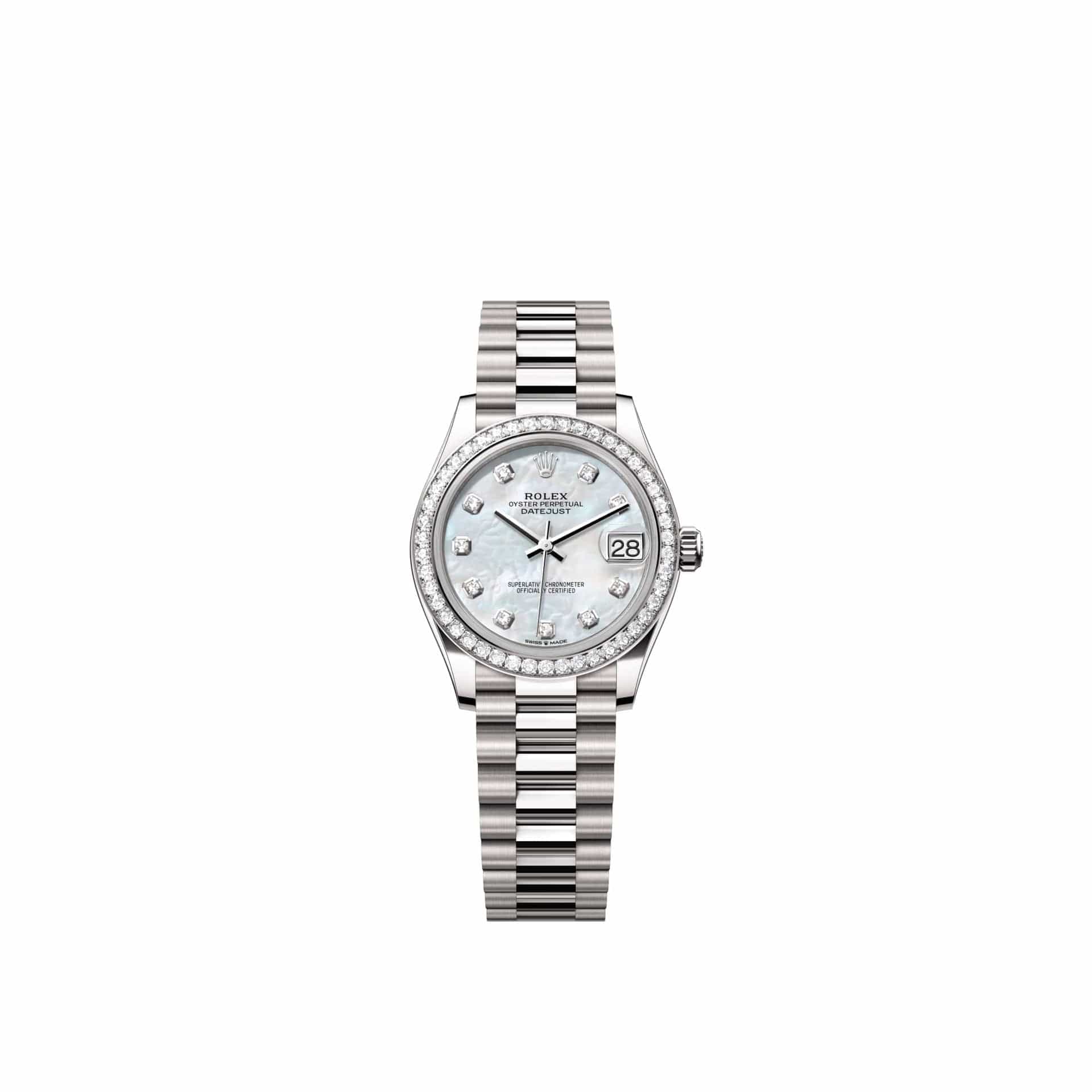 Rolex Datejust 31 278289RBR White Gold White Mother of Pearl Diamond Dial President Diamond Bezel (2026)
