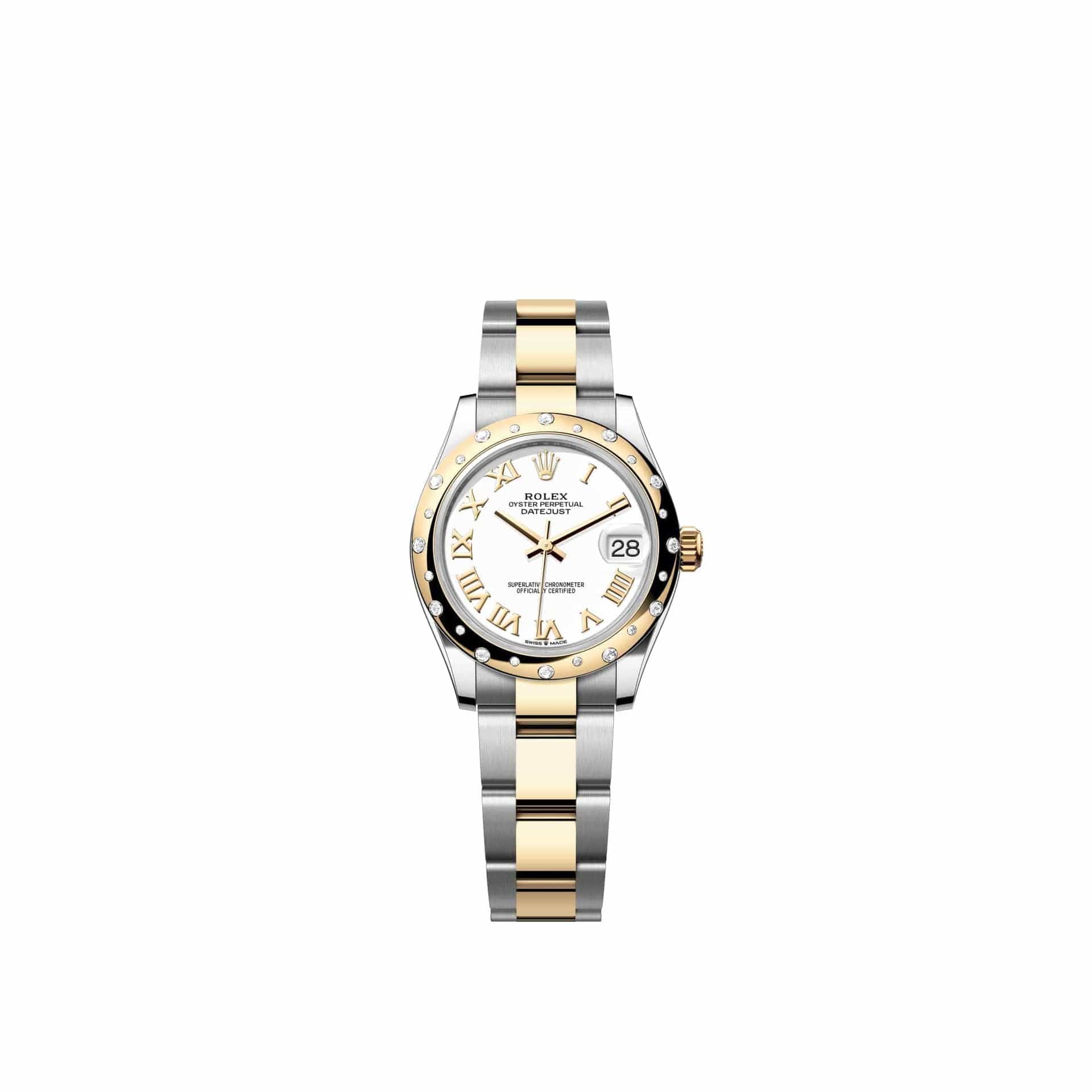 Rolex Datejust 31 278343RBR Yellow Gold Stainless Steel White Roman Dial Oyster Diamond Bezel (2026)