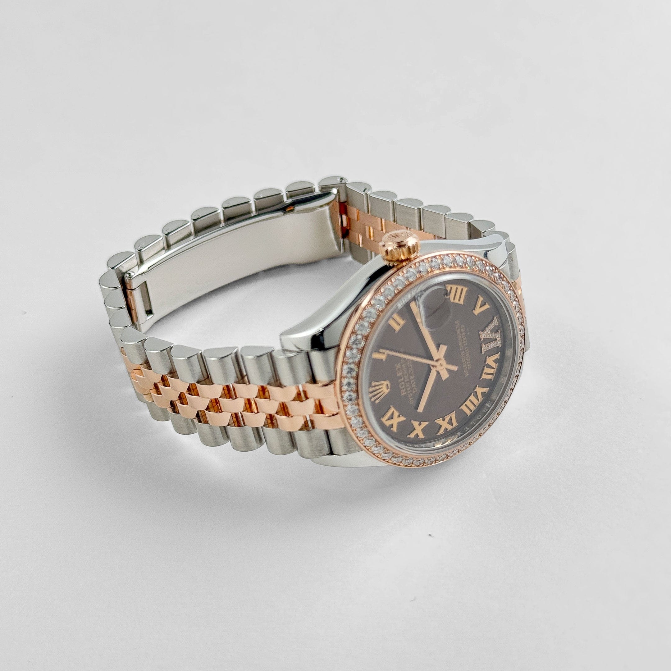 Rolex Datejust 31 278381RBR 'Ladies' Stainless Steel Rose Gold Brown Roman Numerals Diamond Dial Diamond Bezel Jubilee