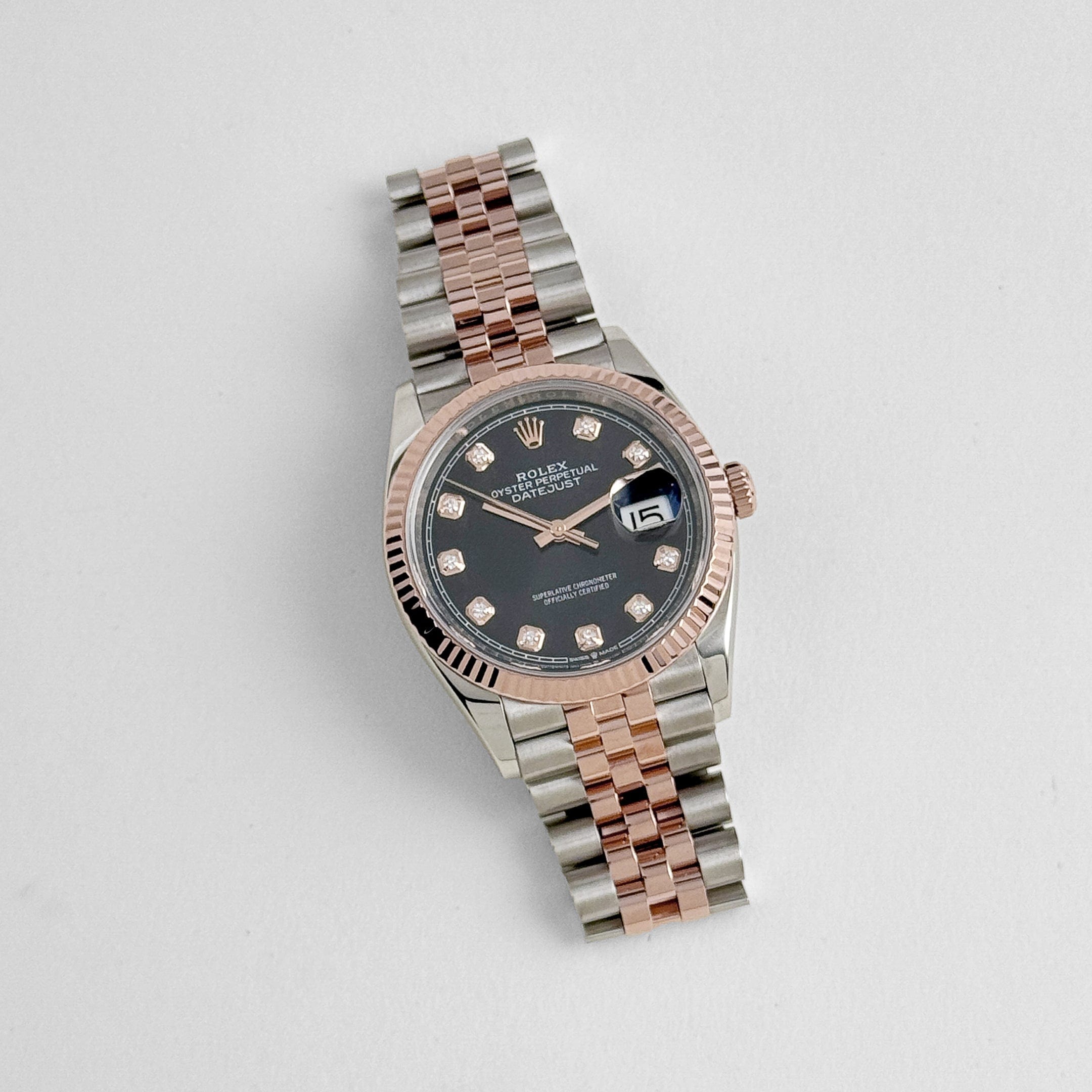 Rolex Datejust 36 126231 Rose Gold Stainless Steel Black Diamond Dial