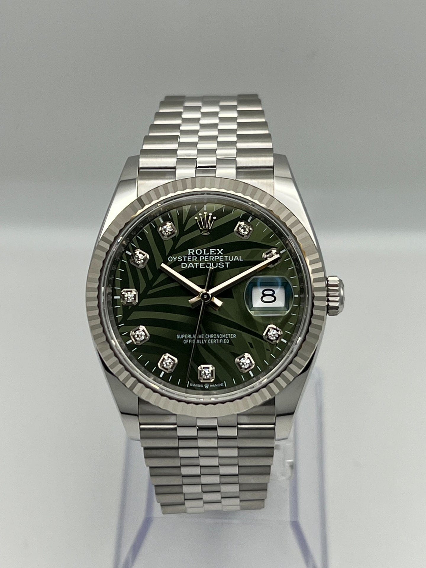 Rolex Datejust 126234 White Gold Stainless Steel Palm Motif Diamond Dial Jubilee