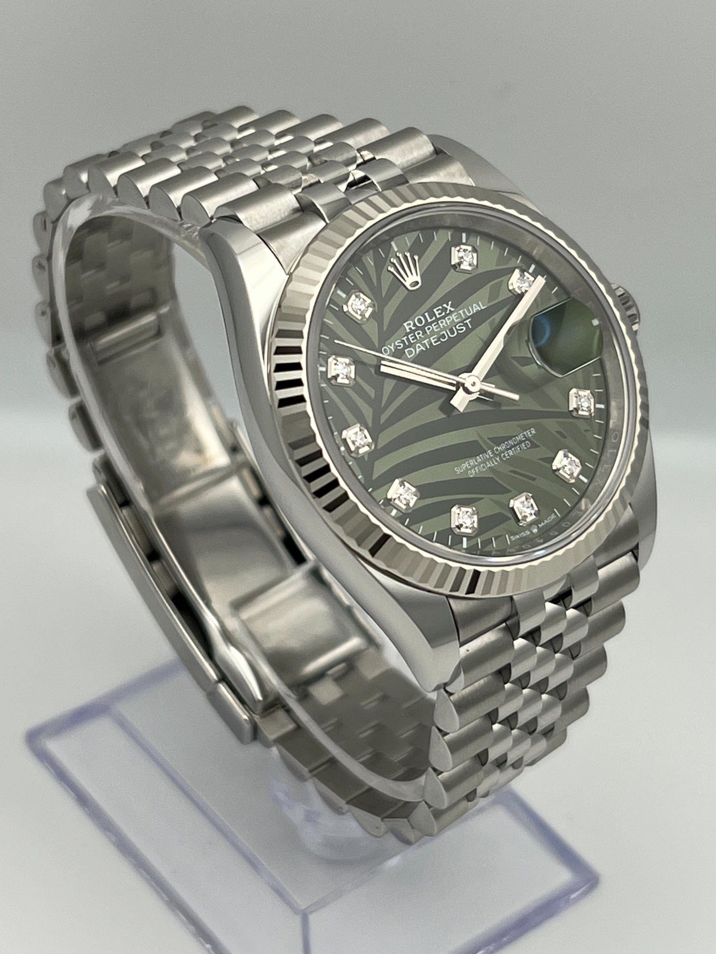 Rolex Datejust 126234 White Gold Stainless Steel Palm Motif Diamond Dial Jubilee