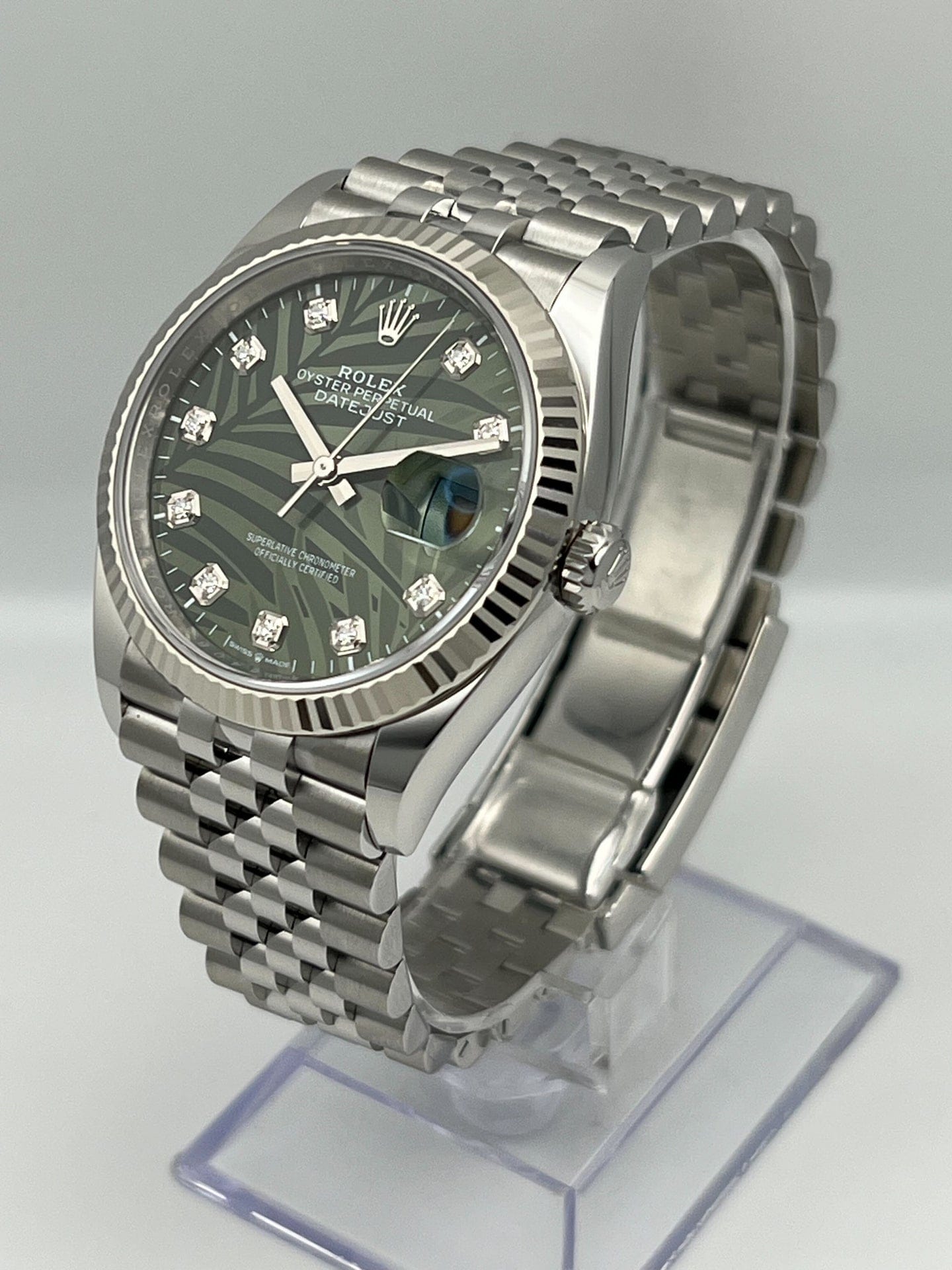 Rolex Datejust 126234 White Gold Stainless Steel Palm Motif Diamond Dial Jubilee