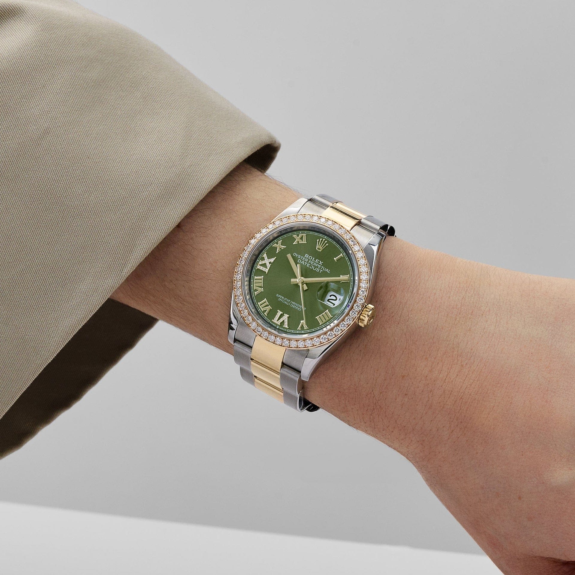 Rolex Datejust 36 126283RBR Stainless Steel Yellow Gold Olive Green Diamond Dial Diamond Bezel Oyster (2023)