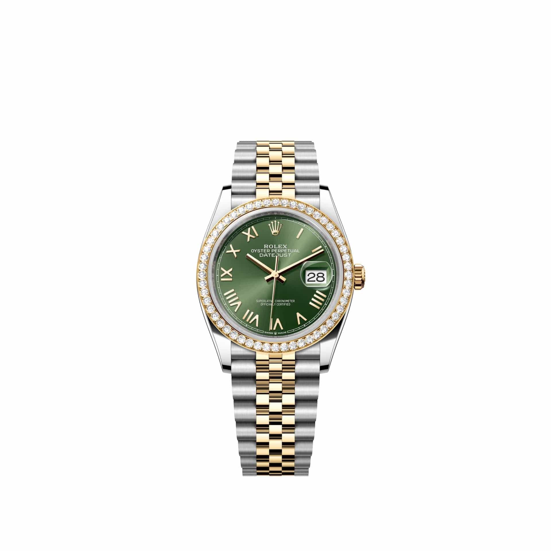 Rolex Datejust 36 126283RBR Yellow Gold Stainless Steel Olive Green Roman Dial Jubilee Diamond Bezel (2026)