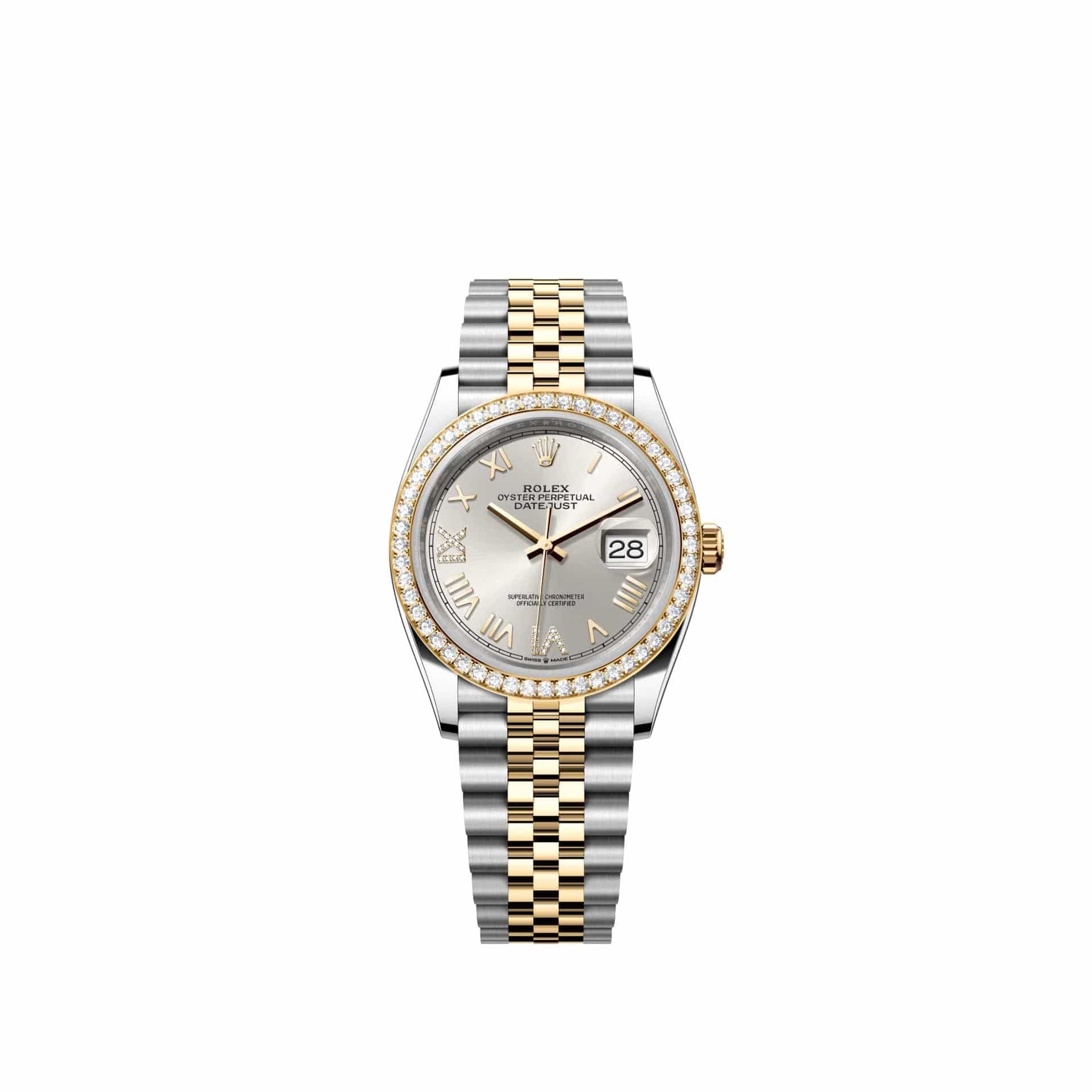 Rolex Datejust 36 126283RBR Yellow Gold Stainless Steel Silver Diamond Roman Dial Jubilee Diamond Bezel (2026)