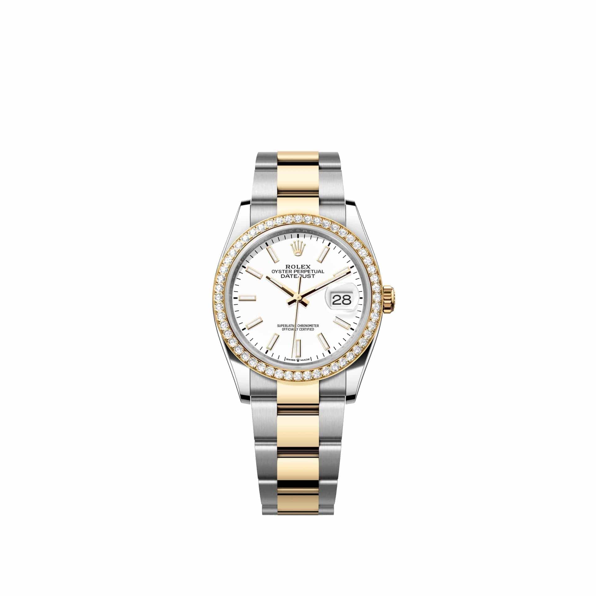 Rolex Datejust 36 126283RBR Yellow Gold Stainless Steel White Dial Oyster Diamond Bezel (2026)