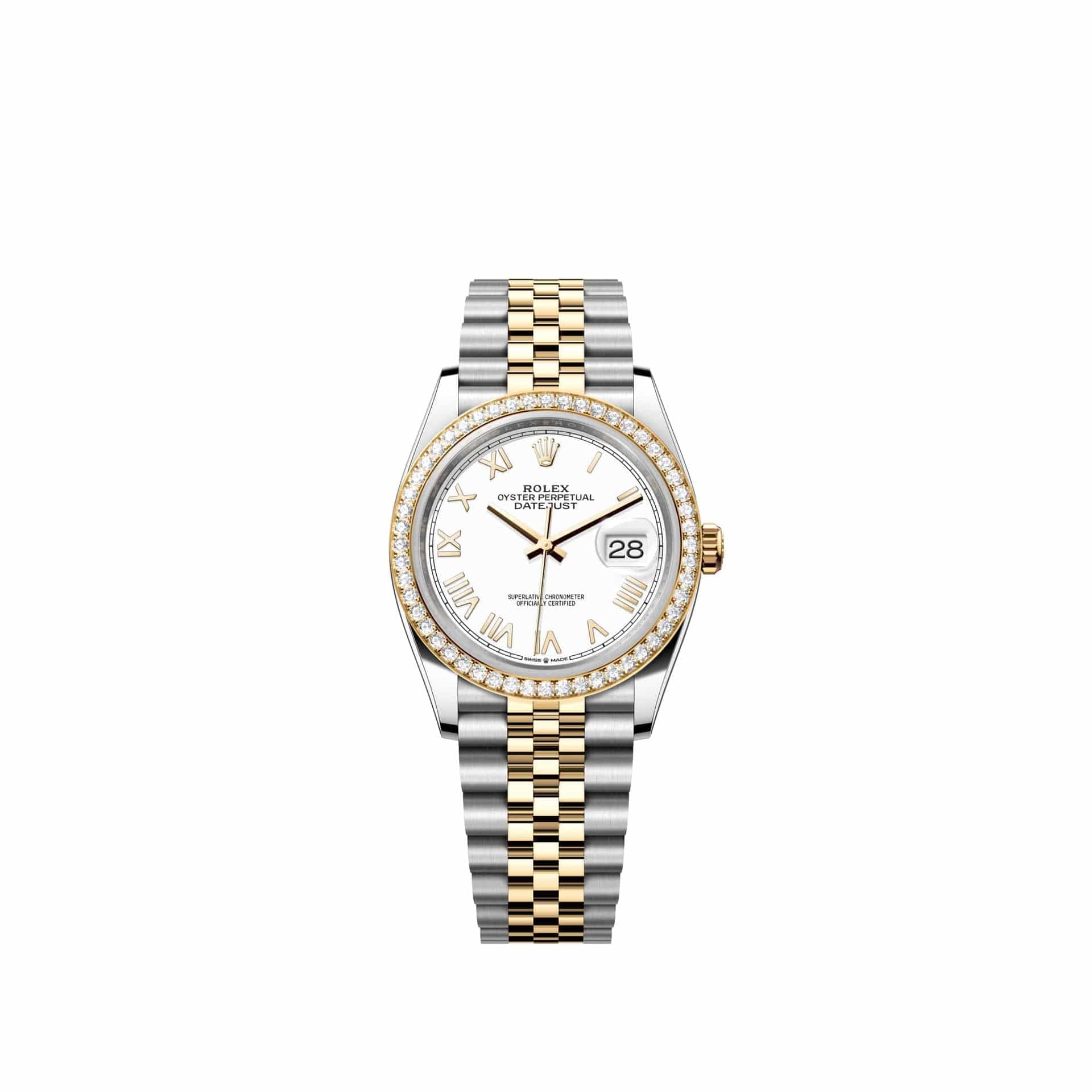 Rolex Datejust 36 126283RBR Yellow Gold Stainless Steel White Roman Dial Jubilee Diamond Bezel (2026)