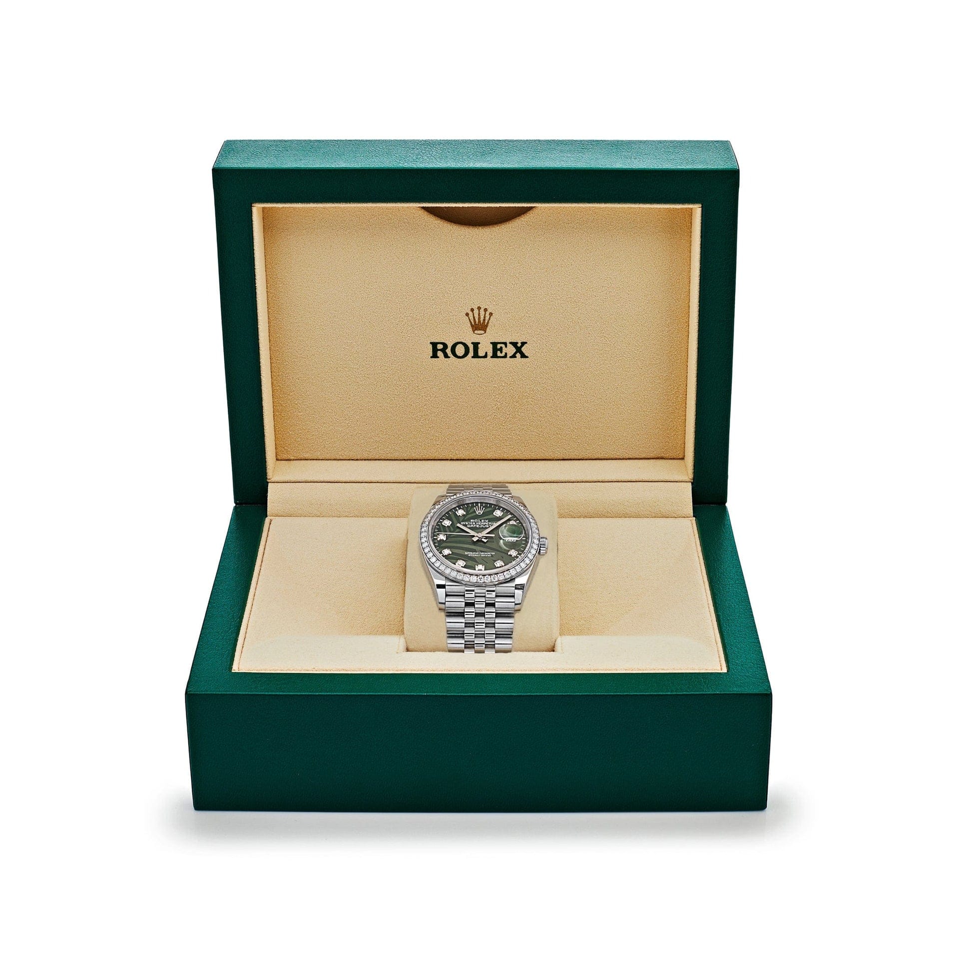 Rolex Datejust 126284RBR Stainless Steel Green Palm Frond Diamond Dial Diamond Bezel