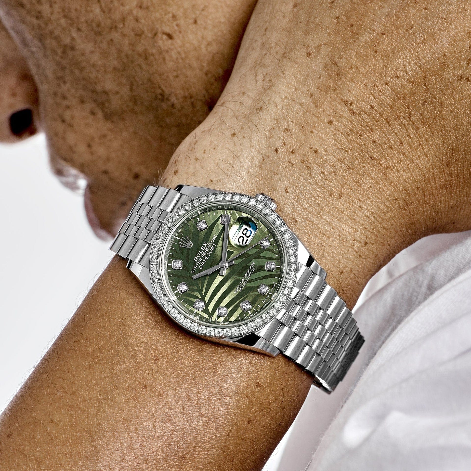 Rolex Datejust 126284RBR Stainless Steel Green Palm Frond Diamond Dial Diamond Bezel
