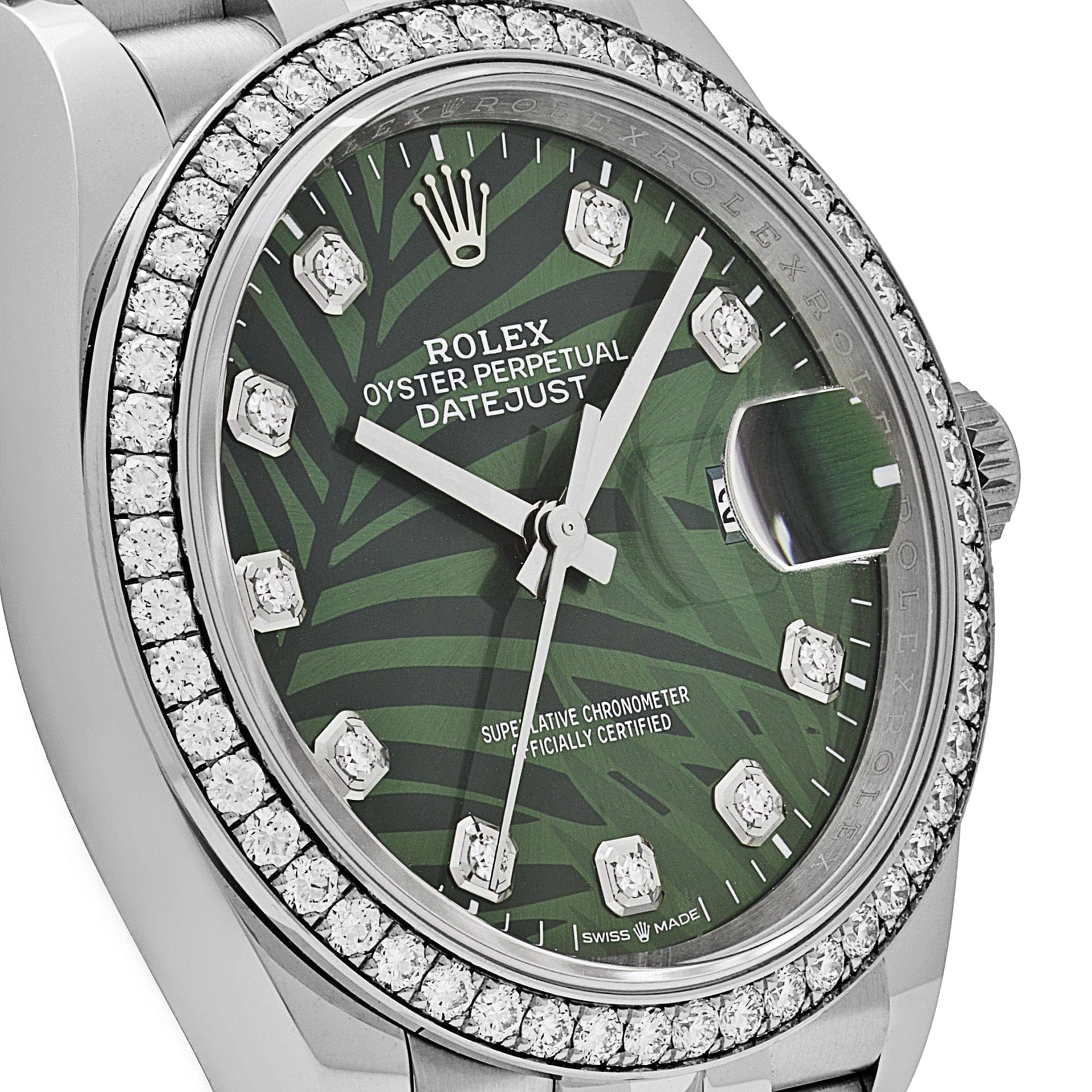 Rolex Datejust 126284RBR Stainless Steel Green Palm Frond Diamond Dial Diamond Bezel