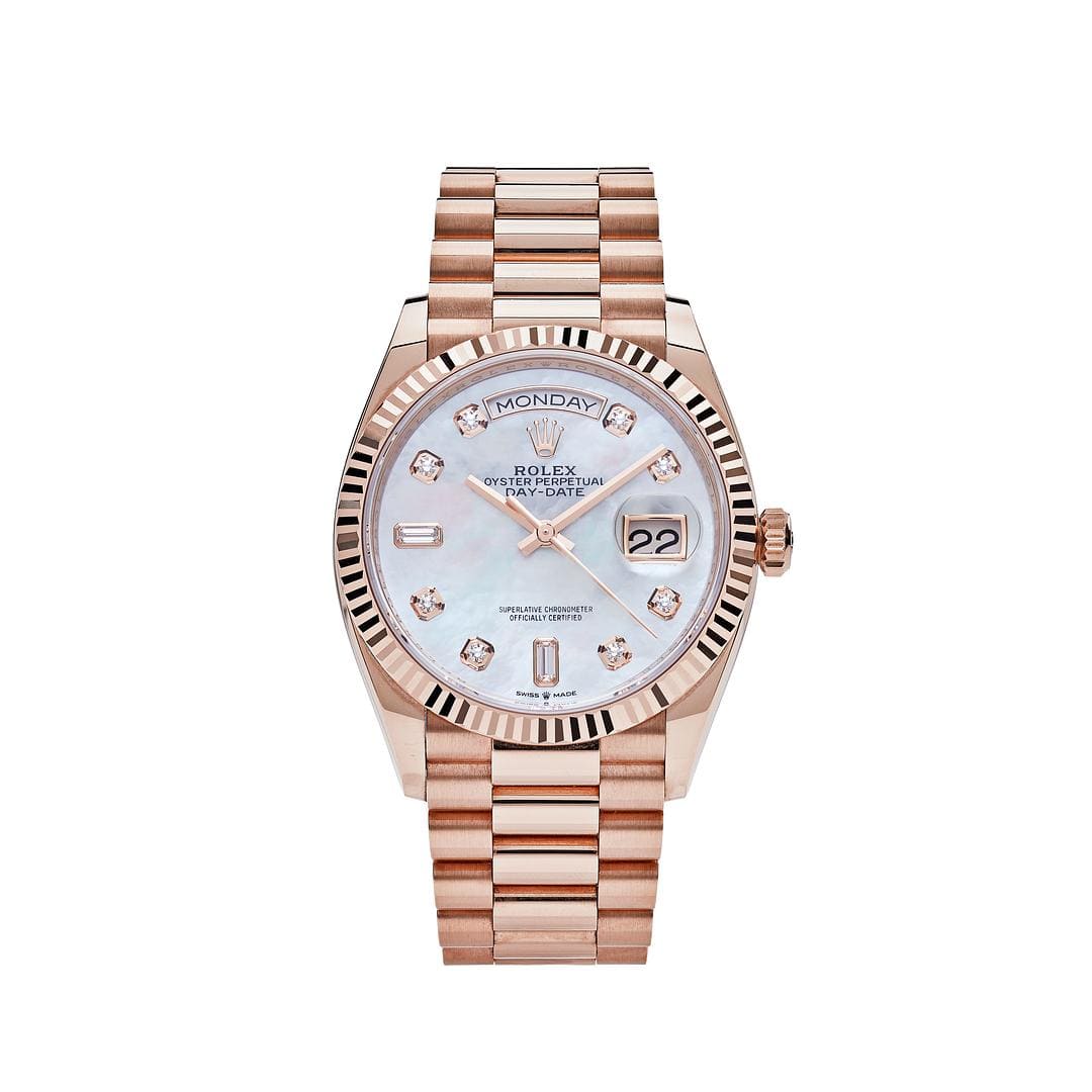 Luxury Watch Rolex Day-Date 36 Rose Gold MOP Diamond Dial 128235 Wrist Aficionado