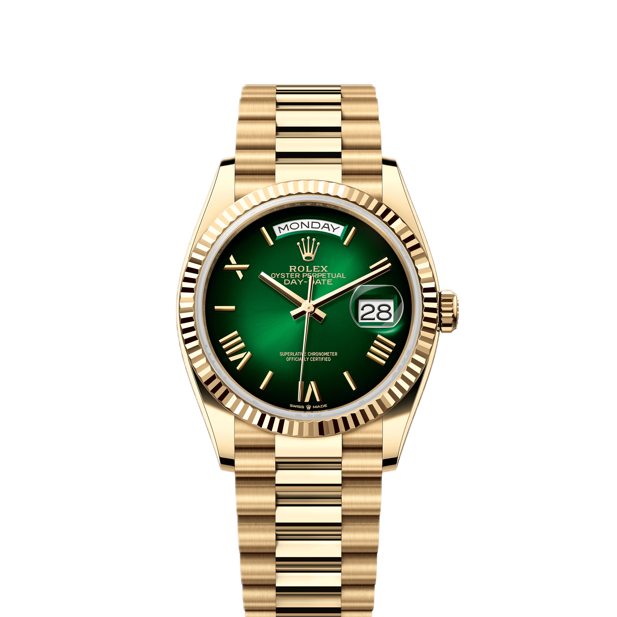 Rolex Day-Date 128235 Yellow Gold Green Ombre Roman Numeral Dial