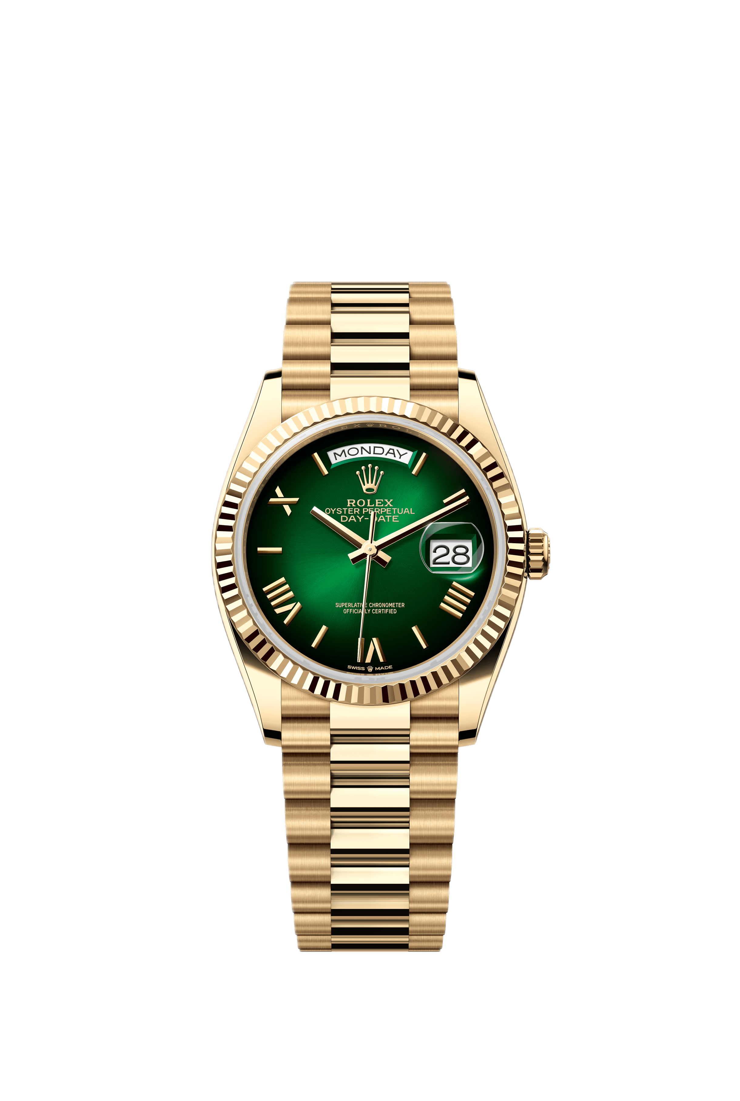 Rolex Day-Date 128235 Yellow Gold Green Ombre Roman Numeral Dial